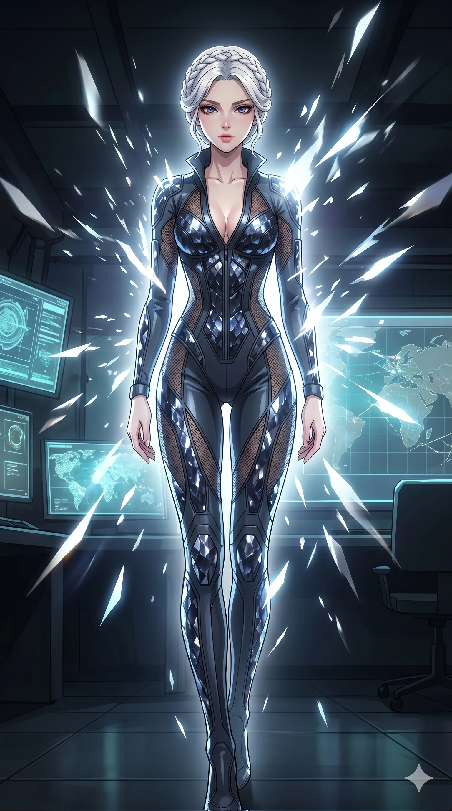 score_9, masterpiece, best quality, ultra-detailed, High-budget Anime Keyframe, vibrant colors, fluid line-art, expressive lighting, cinematic composition, Ufotable-style visual effects, top-tier animation quality, Japanese woman with delicate and elegant anime-inspired features. Cinematic low angle perspective showcasing her towering height and perfect 8-heads proportion. Transcending her physical form in a sudden flash of divine light, her silhouette becoming a being of pure energy. She has an absolutely perfect 8-heads proportion, an exceptionally tall and slender female figure with impossibly long slender legs and an ultra-slim waist, her statuesque height and towering silhouette dominating the vertical 9:16 frame. Her face is a masterpiece featuring a sharp v-shaped jawline, high-bridge nose, intricate jewel-like eyes with depth, thick eyelashes, and glossy lips with a natural sheen. She is wearing a Sci-fi pilot flight suit with an open collar and strategically placed mesh panels crafted from Obsidian-glass scales that shimmer with a dark, crystalline brilliance, featuring a crystalline structure that catches the light and reveals her slender frame. The scene is set in an underground rebel bunker with flickering holographic screens and tactical maps, illuminated by dynamic strobe effects that capture her movement in a series of sharp fragments. 2k, ultra detail, master piece, 9:16 ratio