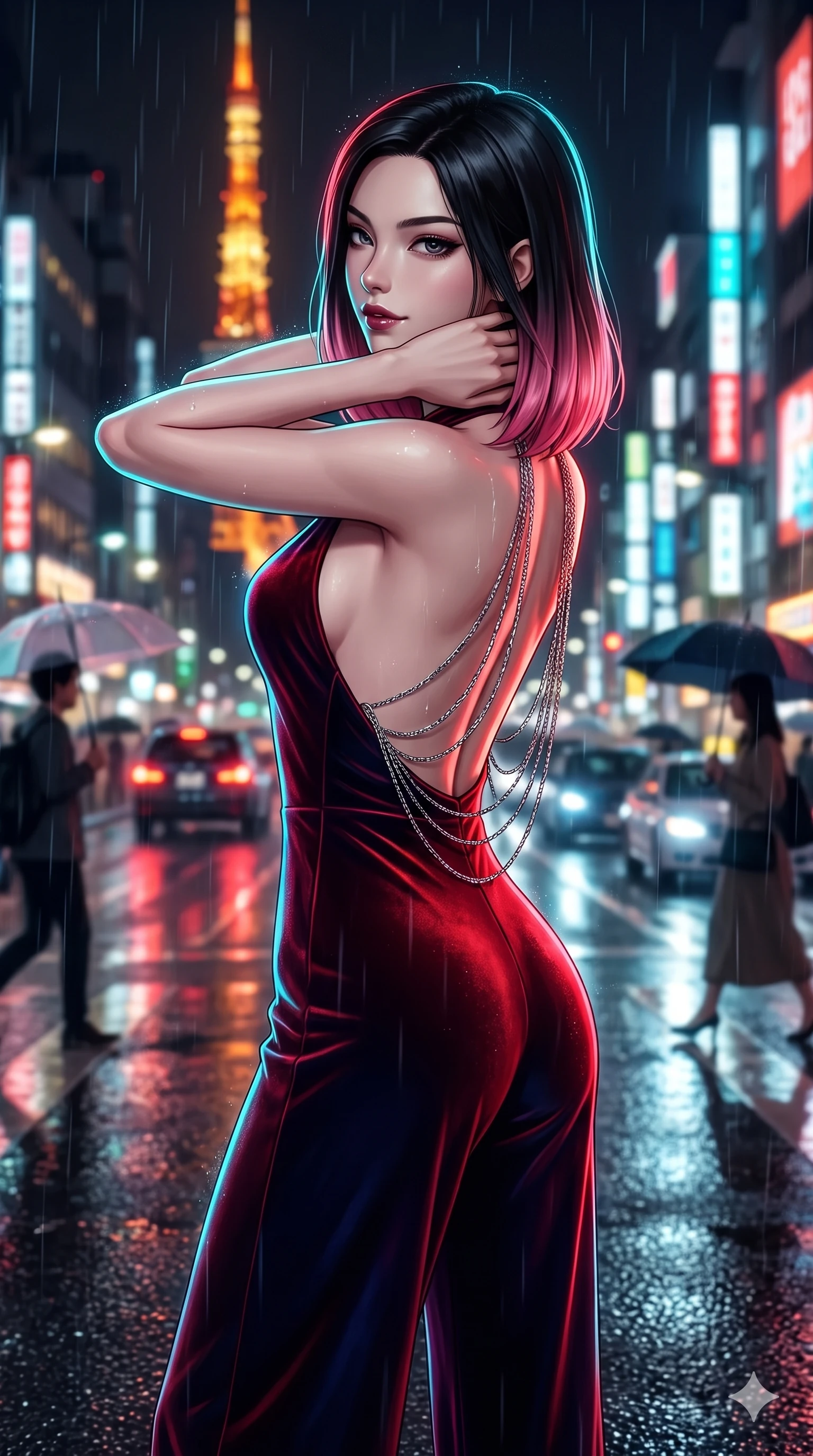 score_9, masterpiece, best quality, ultra-detailed, high-budget anime keyframe, semi-realistic 3D game render, editorial fashion photography, tasteful artistic composition, Korean woman. close-up cowboy shot from the waist and thighs up, the character dominates the composition, filling the frame with her large presence. resting both hands lightly behind her neck with elbows raised, arching her spine to highlight her narrow waist, flat midriff, and breathtaking collarbones while glancing over her bare shoulder with parted glossy lips, her hips angled back in a seductive silhouette against the blurred city traffic. The background shows a soft-focus bustling rainy Tokyo night streetscape softened in metropolitan shallow focus. She has an exceptionally elegant, slender, and willowy female figure with an ultra-slim waist, flat toned midriff, narrow ribcage, and sculpted feminine hips creating an alluring, slim hourglass silhouette without bulk. sharp v-shaped jawline, high-bridge nose, intricate jewel-like dark sparkling eyes with dangerous depth, thick curled eyelashes, glossy parted lips with a rich wine sheen, smoldering seductive half-smile with bedroom-eyes, exuding effortless superiority and intoxicating dark allure, flawlessly proportioned anatomical accuracy, strict slender model proportions, natural body alignment, perfectly sculpted long slender limbs, ultra-slim waistline, clean dynamic posture without body distortion. wearing a plunge-front tailored velvet halter jumpsuit with wide fluid legs and backless scoop in Tokyo Tower scarlet crimson and midnight indigo, made of fluid liquid jersey with seamless sculpting hold and smooth contours, accented with an open-back drape framed by falling strands of delicate chrome chains, the impeccably tailored cut draping gracefully along her slender figure with aristocratic noir poise. illuminated by mirror-wet road surface bounce and sharp electric-cyan rim lights defining her razor-sharp jawline, narrow waist, and curvy hips. highly saturated vibrant anime colors, detailed shading with soft gradients, rich glossy textures, high-contrast stereoscopic depth, volumetric dynamic lighting, master piece, 9:16 ratio