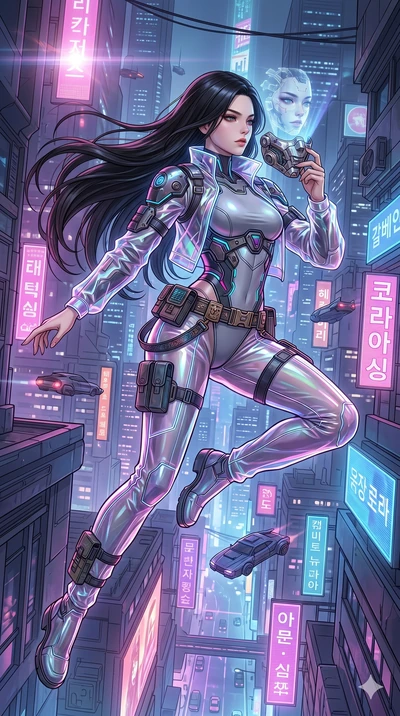 score_9, masterpiece, best quality, ultra-detailed, high-budget anime movie keyframe, cinematic anime lighting, intricate line art, Korean woman. Mid-air action shot capturing a graceful twist and vertical silhouette. adjusting a mechanical mask that