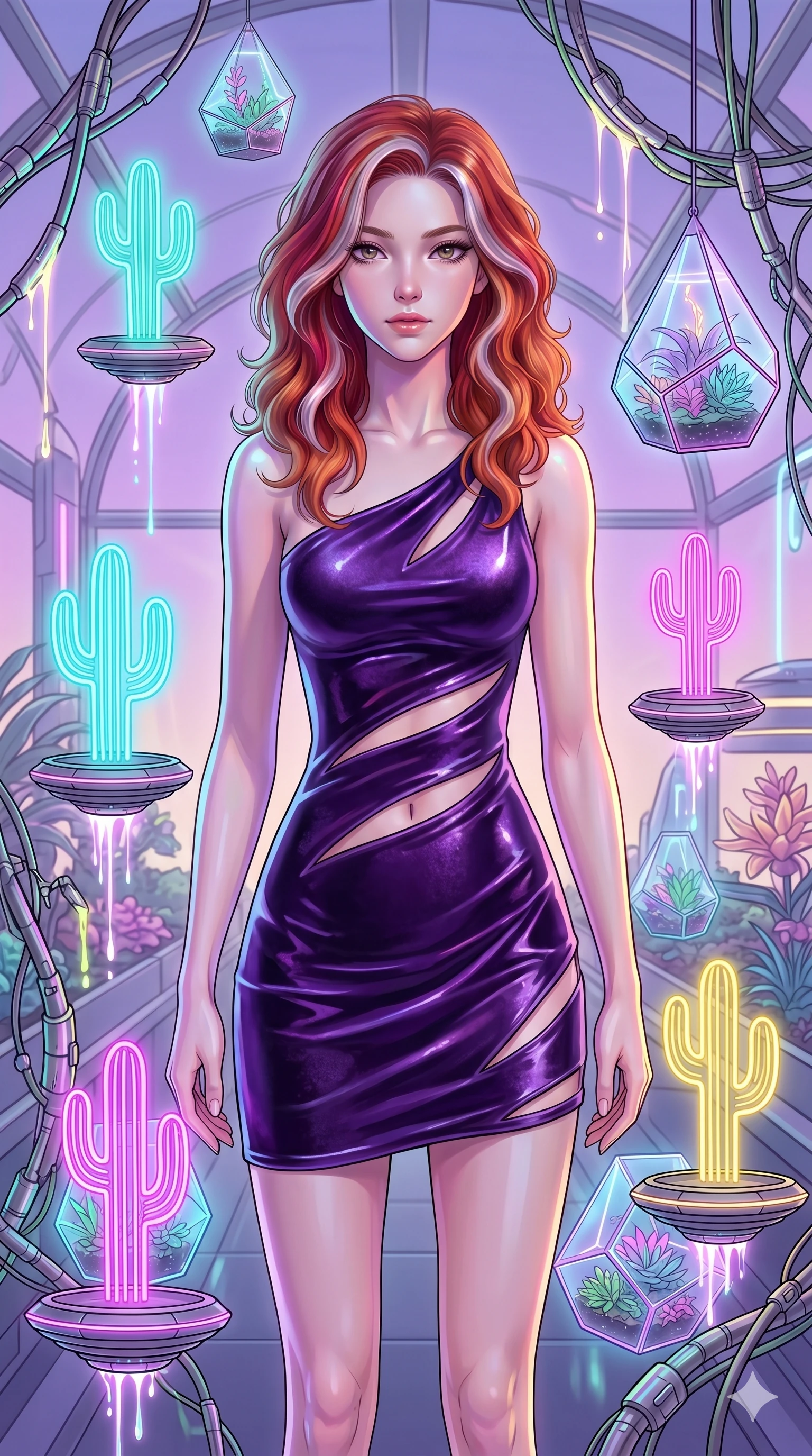 score_9, masterpiece, best quality, ultra-detailed, high-budget anime keyframe, Caucasian woman, strictly human ears. upper body close-up from the thighs up, character filling the screen for maximum presence. standing in a retro-futuristic synthwave greenhouse where glowing neon cacti and polyhedral glass terrariums float around her, while fluorescent cyber-sap drips from cybernetic vines. She has an absolutely perfect 8-heads proportion, an exceptionally tall and slender female figure with impossibly long slender legs and an ultra-slim waist. V-shaped jawline, high-bridge nose, intricate jewel-like eyes with depth, thick eyelashes, glossy lips with a natural sheen.. wearing an asymmetric liquid velvet slip dress, featuring a wet-look deep purple velvet one-shoulder mini slip with slanted slashed cutouts. enhanced by a luminous pastel spectrum glow, casting elegant rim lights on her shoulders and jawline. 2k, ultra detail, master piece, 9:16 ratio