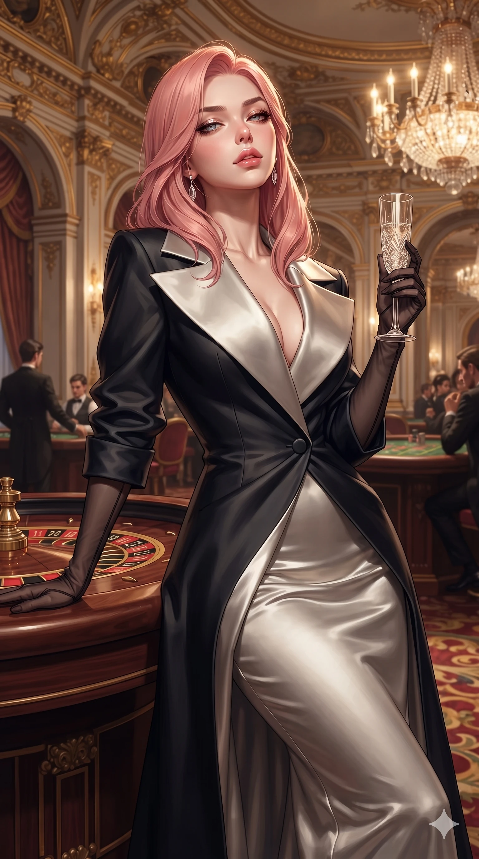 score_9, masterpiece, best quality, ultra-detailed, high-budget anime keyframe, editorial fashion photography, tasteful artistic composition, Japanese woman. close-up cowboy shot from the waist and thighs up, the character dominates the composition, filling the frame with her large presence. leaning back against the balustrade with relaxed seductive grace, head tilted back slightly while casting a hypnotic, heavy-lidded gaze while leaning against the mahogany roulette table with hips cocked back in pure supermodel charisma, toying with a vintage crystal champagne flute with bedroom-eyes. The surrounding environment is rendered in vivid detail and crisp panoramic clarity: detailed dress tailoring, liquid metallic shine, and opulent Belle Époque architecture in high resolution. She has an exceptionally elegant, slender, and willowy female figure with an ultra-slim waist, flat toned midriff, narrow ribcage, and sculpted feminine hips creating an alluring, slim hourglass silhouette without bulk. sharp v-shaped jawline, high-bridge nose, intricate jewel-like eyes with depth, thick eyelashes, glossy parted lips with a natural sheen, intensely captivating and seductive bedroom-eyes expression, flawlessly proportioned anatomical accuracy, strict slender model proportions, natural body alignment, perfectly sculpted long slender limbs, ultra-slim waistline, clean dynamic posture without body distortion. wearing a high-fashion draped silk faille opera coat with geometric lapels and interior silk satin lining in dark onyx black and molten platinum, tailored from water-resistant treated wool gabardine and flexible stretch silk, complemented by sheer opera-length evening gloves tracing her slender arms, the impeccably tailored cut draping gracefully along her slender figure with aristocratic poise. bathed in soft 2400K chandelier warmth contrasted with crisp specular highlights dancing across her satin gown. ultra-reflective glossy finish, specular highlights, rich textural contrasts, high-contrast stereoscopic depth, volumetric dynamic lighting, 2k, ultra detail, master piece, 9:16 ratio