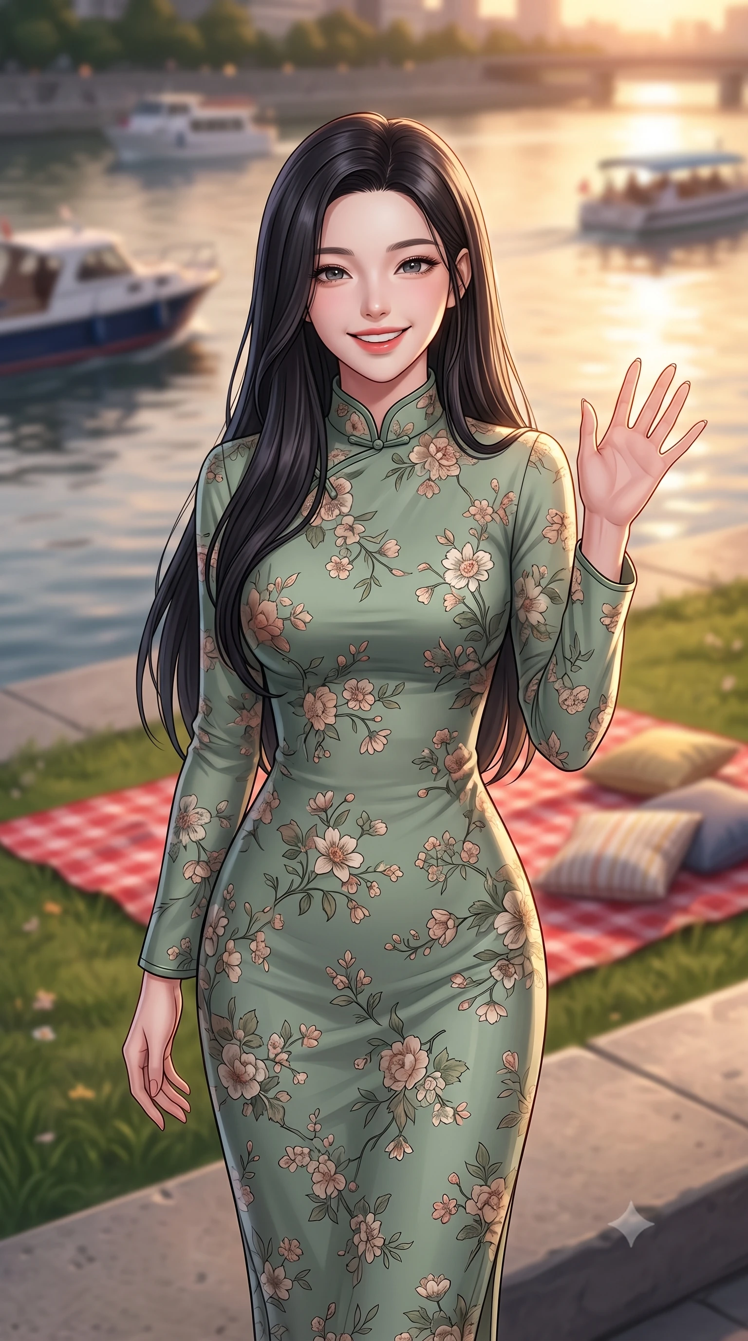 score_9, masterpiece, best quality, ultra-detailed, high-budget anime keyframe, editorial fashion photography, tasteful artistic composition, Korean woman. close-up cowboy shot from the waist and thighs up, the character dominates the composition, filling the frame with her large presence, background elements kept in soft focus. flashing a sweet, beaming smile while waving one hand gently toward the camera set against a soft-focus background of on a concrete river embankment overlooking passing leisure boats with a red checkered picnic blanket and pillows arranged on the grass. She has an exceptionally elegant, slender, and willowy female figure with an ultra-slim waist, a gracefully sculpted slender torso, and a refined silhouette. sharp v-shaped jawline, high-bridge nose, intricate jewel-like eyes with depth, thick eyelashes, glossy lips with a natural sheen. wearing slim-fit lovely floral print midi dress in sage green, featuring a high collar and long sleeves. warm golden hour sunset light reflecting off the calm river surface. highly saturated vibrant anime colors, detailed shading with soft gradients, rich glossy textures, high-contrast stereoscopic depth, volumetric dynamic lighting, master piece, 9:16 ratio