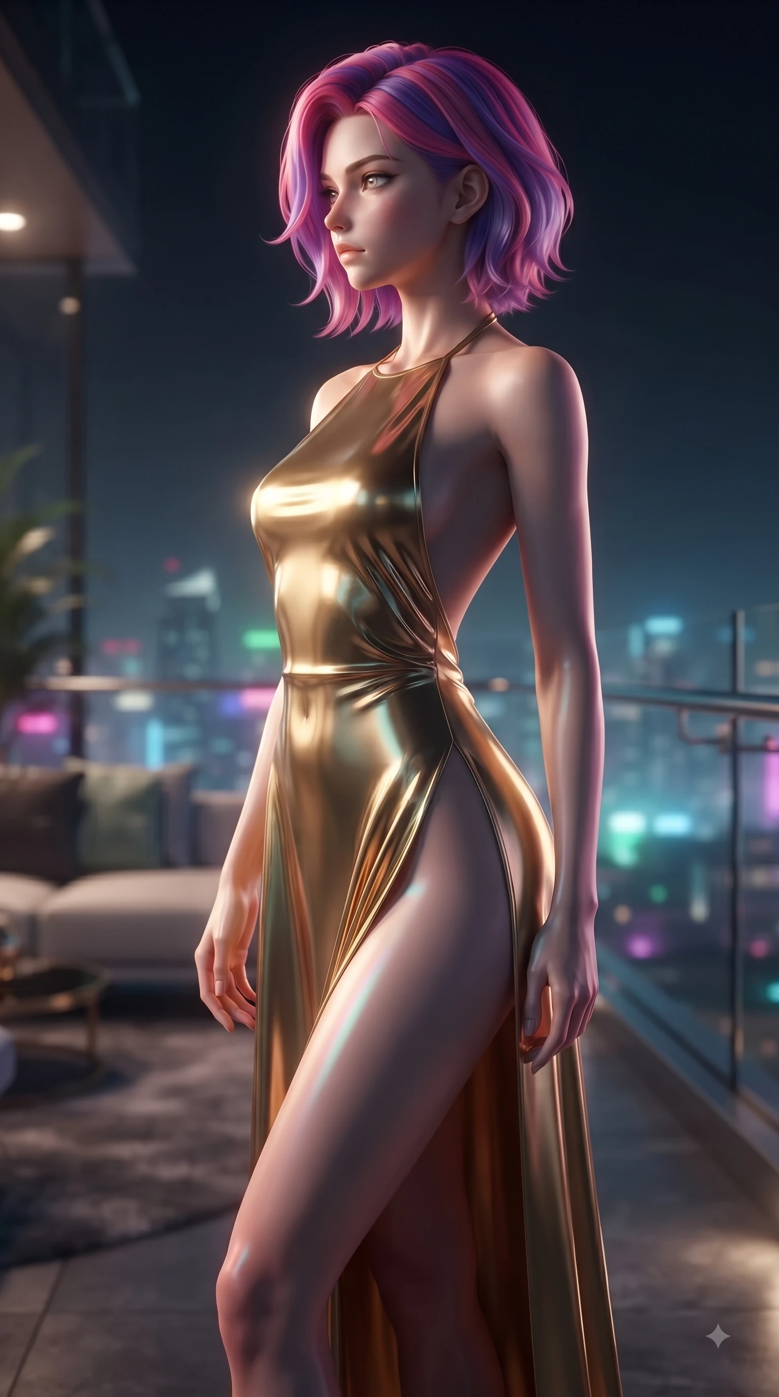 score_9, masterpiece, best quality, ultra-detailed, high-budget anime keyframe, editorial fashion photography, tasteful artistic composition, Caucasian woman woman. close-up cowboy shot from the waist and thighs up, the character dominates the composition, filling the frame with her large presence, background elements kept in soft focus. She has an exceptionally elegant, slender, and willowy female figure with an ultra-slim waist, a gracefully sculpted slender torso, and a refined silhouette. turning her head in a sharp dramatic profile against the key light, her eyes glowing with calm focus, flawlessly proportioned anatomical accuracy, natural body alignment, perfectly sculpted elegant limbs, clean dynamic posture without body distortion. set against a soft-focus background of a penthouse helipad lounge overlooking a misty neon skyline. wearing a backless metallic gold halter gown with a daring high side slit to mid-thigh. bathed in vibrant city skyline night lights casting sleek specular reflections. ultra-reflective glossy finish, specular highlights, metallic sheen, high-contrast stereoscopic depth, volumetric dynamic lighting, 2k, ultra detail, master piece, 9:16 ratio