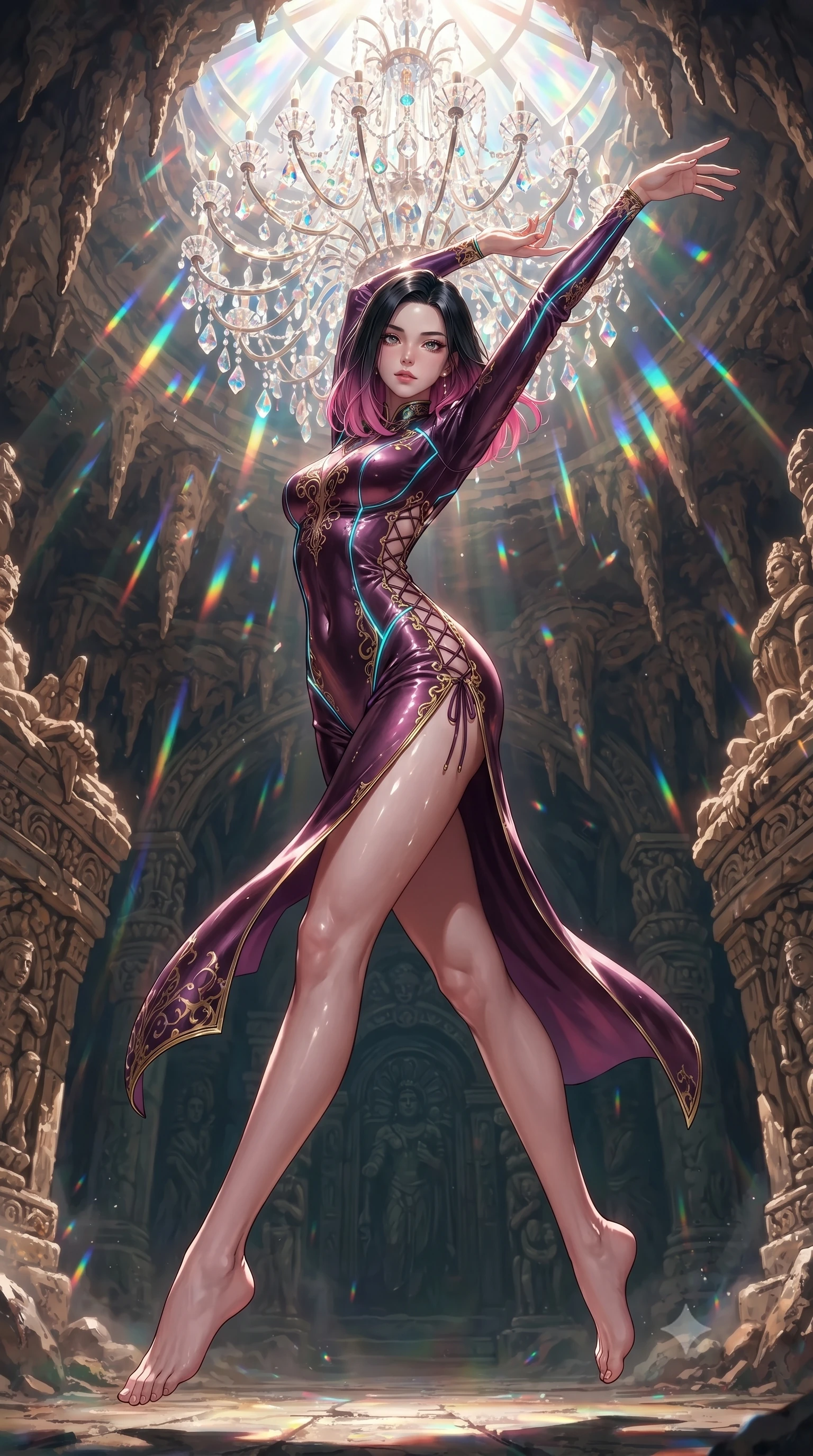 score_9, masterpiece, best quality, ultra-detailed, high-budget anime keyframe, editorial fashion photography, tasteful artistic composition, Korean woman. low angle full-body shot from head to toe showing her feet, filling the entire 9:16 vertical frame with her statuesque presence, stretching her vertical silhouette. leaping gracefully through the environment with statuesque elegance and long slender legs poised beneath a giant crystal chandelier refracting subterranean sunlight, sharp crystalline reflections creating an opulent, jewel-like ambience. She has an absolutely perfect, statuesque 8.5-heads proportion, an exceptionally tall and slender model-like female figure with impossibly long slender legs and an ultra-slim waist. sharp v-shaped jawline, high-bridge nose, intricate jewel-like eyes with depth, thick eyelashes, glossy lips with a natural sheen. wearing a skin-tight cybernetic bodysuit with glowing neon seams and side cutouts in plum purple and gold filigree, made of premium stretch velvet with a rich sheen, finished with a sleek side slit ascending to mid-thigh, the glove-like fit emphasizing her statuesque silhouette. bathed in brilliant prismatic light filtering from a natural cavern skylight. ultra-reflective glossy finish, specular highlights, metallic sheen, high-contrast stereoscopic depth, volumetric dynamic lighting, 2k, ultra detail, master piece, 9:16 ratio