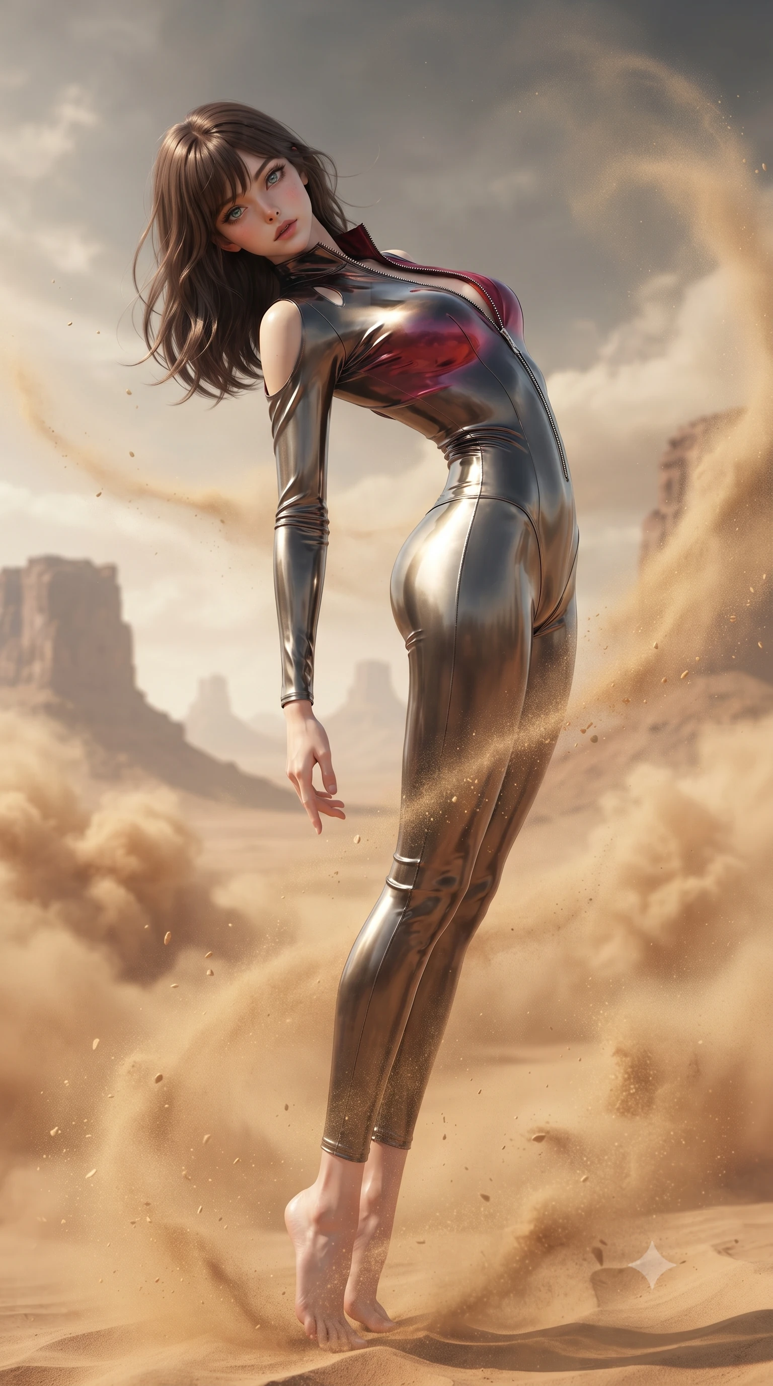 score_9, masterpiece, best quality, ultra-detailed, high-budget anime keyframe, editorial fashion photography, tasteful artistic composition, Korean woman. low angle full-body shot from head to toe showing her feet, filling the entire 9:16 vertical frame with her statuesque presence, stretching her vertical silhouette. performing an alluring mid-air vault with flawless poise, looking directly into the camera with smoldering intensity while arching her back against the desert gale while golden sand crystals swirl past in slow motion. The composition keeps background elements in soft focus with creamy bokeh. swirling desert dust clouds and distant alien mesas softened by shallow atmospheric focus. She has an absolutely perfect, statuesque 8.5-heads proportion, an exceptionally tall and slender model-like female figure with impossibly long slender legs and an ultra-slim waist. sharp v-shaped jawline, high-bridge nose, intricate jewel-like eyes with depth, thick eyelashes, glossy lips with a natural sheen, flawlessly proportioned anatomical accuracy, natural body alignment, perfectly sculpted elegant limbs, clean dynamic posture without body distortion. wearing a form-fitting top made of molten liquid-mercury fabric that clings to her curves, with strategic tear-drop shoulder cutouts and a dangerously unzipped front collar in glossy obsidian black and radiant crimson red, made of smooth iridescent silk chiffon that shifts colors with movement, complemented by criss-cross back straps highlighting her completely bare spine, the glove-like fit tightly following every curve of her statuesque athletic build. surrounded by an epic, windswept, and intensely magnetic cosmic desert atmosphere. ultra-reflective glossy finish, specular highlights, metallic sheen, high-contrast stereoscopic depth, volumetric dynamic lighting, 2k, ultra detail, master piece, 9:16 ratio