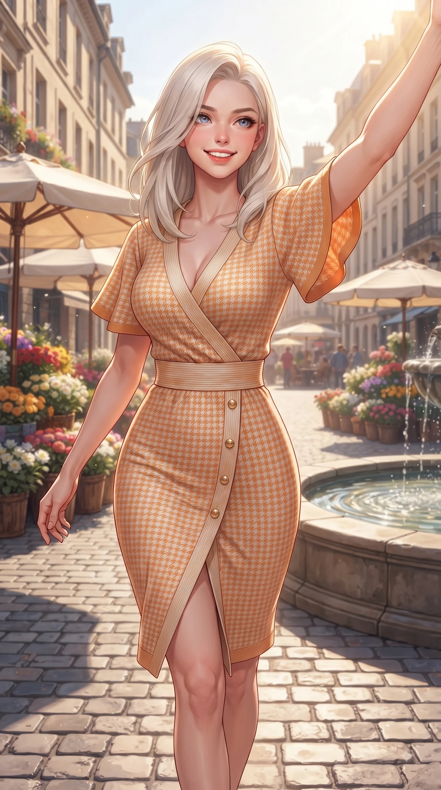 score_9, masterpiece, best quality, ultra-detailed, high-budget anime keyframe, editorial fashion photography, tasteful artistic composition, Caucasian woman. close-up cowboy shot from the waist and thighs up, the character dominates the composition, filling the frame with her large presence. Extending one arm in an elegant stretch toward the light while smiling with vibrant, youthful self-assurance while stepping along a historic paved square surrounded by vintage cafe umbrellas. The surrounding environment is rendered in vivid detail and crisp panoramic clarity. vibrant flower displays, fountain water ripples, and crisp architectural shadows in high clarity. She has an exceptionally elegant, slender, and willowy female figure with an ultra-slim waist, a gracefully sculpted slender torso, and a refined silhouette. sharp v-shaped jawline, high-bridge nose, intricate jewel-like eyes with depth, thick eyelashes, glossy lips with a natural sheen, flawlessly proportioned anatomical accuracy, natural body alignment, perfectly sculpted elegant limbs, clean dynamic posture without body distortion. wearing an elegant V-neck silk wrap dress with fluttery short sleeves and a cinched waist in warm apricot orange and cream white, knitted from soft cozy cashmere yarn, adorned with delicate gold buttons along the front, the tailored fabric tightly following every curve of her athletic build. bathed in bright sunny morning light and warm golden sunbursts. ultra-reflective glossy finish, specular highlights, metallic sheen, high-contrast stereoscopic depth, volumetric dynamic lighting, 2k, ultra detail, master piece, 9:16 ratio