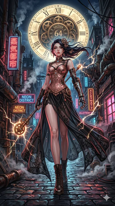score_9, masterpiece, best quality, ultra-detailed, Set A: High-budget Anime Keyframe, Korean woman. Low angle cowboy shot filling the entire 9:16 frame with her statuesque presence. Theme: Urban Decay. shattering the fabric of reality in a steampunk