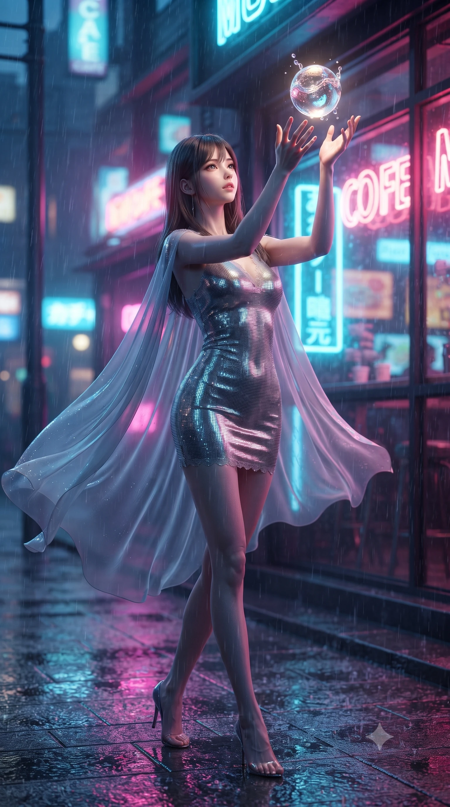 score_9, masterpiece, best quality, ultra-detailed, High-budget Anime Keyframe, editorial fashion photography, tasteful artistic composition, realistic cosplay photography, East Asian woman. Dynamic full-body shot stretching the vertical silhouette to the limit. Scenario 470: reaching out to catch a floating sphere of liquid light in a glowing neon window at twilight with soft rain falling. Her presence is magnetic and overpowering in this high-budget cinematic scene. Outfit 470: a body-hugging liquid silver micro-mesh lace mini dress draped with a semi-transparent chiffon cape. The clothing is designed to emphasize her exceptionally tall and slender 8-heads proportion. 8-heads proportion, towering silhouette, ultra-slim waist. sharp v-shaped jawline, intricate jewel-like eyes with depth, thick eyelashes, glossy lips. ultra-reflective glossy finish, specular highlights, metallic sheen, high-contrast stereoscopic depth, volumetric dynamic lighting, 2k, ultra detail, master piece, 9:16 ratio
