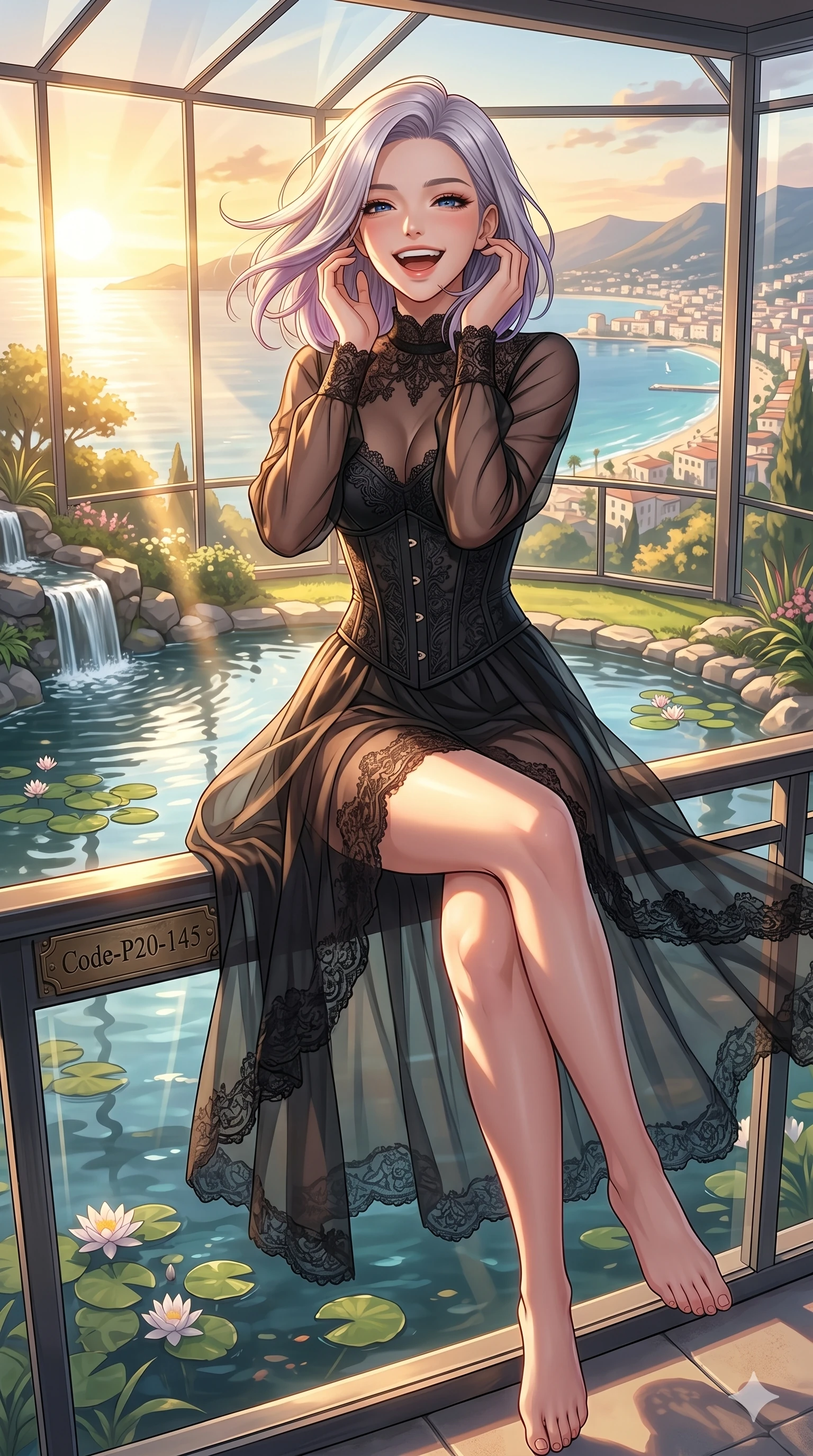 score_9, masterpiece, best quality, ultra-detailed, high-budget anime keyframe, vibrant anime aesthetic, Caucasian woman, strictly human ears. cowboy shot from the thighs up, character and outfit filling the frame for maximum presence. She is sitting by the garden pond, laughing wind-swept and happy in the sunbeams on a glass-walled balcony showing a sunny bay (Code-P20-145). She has an absolutely perfect 8-heads proportion, an exceptionally tall and slender female figure with impossibly long slender legs and an ultra-slim waist. V-shaped jawline, high-bridge nose, intricate jewel-like eyes with depth, thick eyelashes, glossy lips with a natural sheen. wearing a sheer chiffon dress with a black corset bodice. She is bathed in warm golden hour sunset light, casting long shadows across her form. 2k, ultra detail, master piece, 9:16 ratio