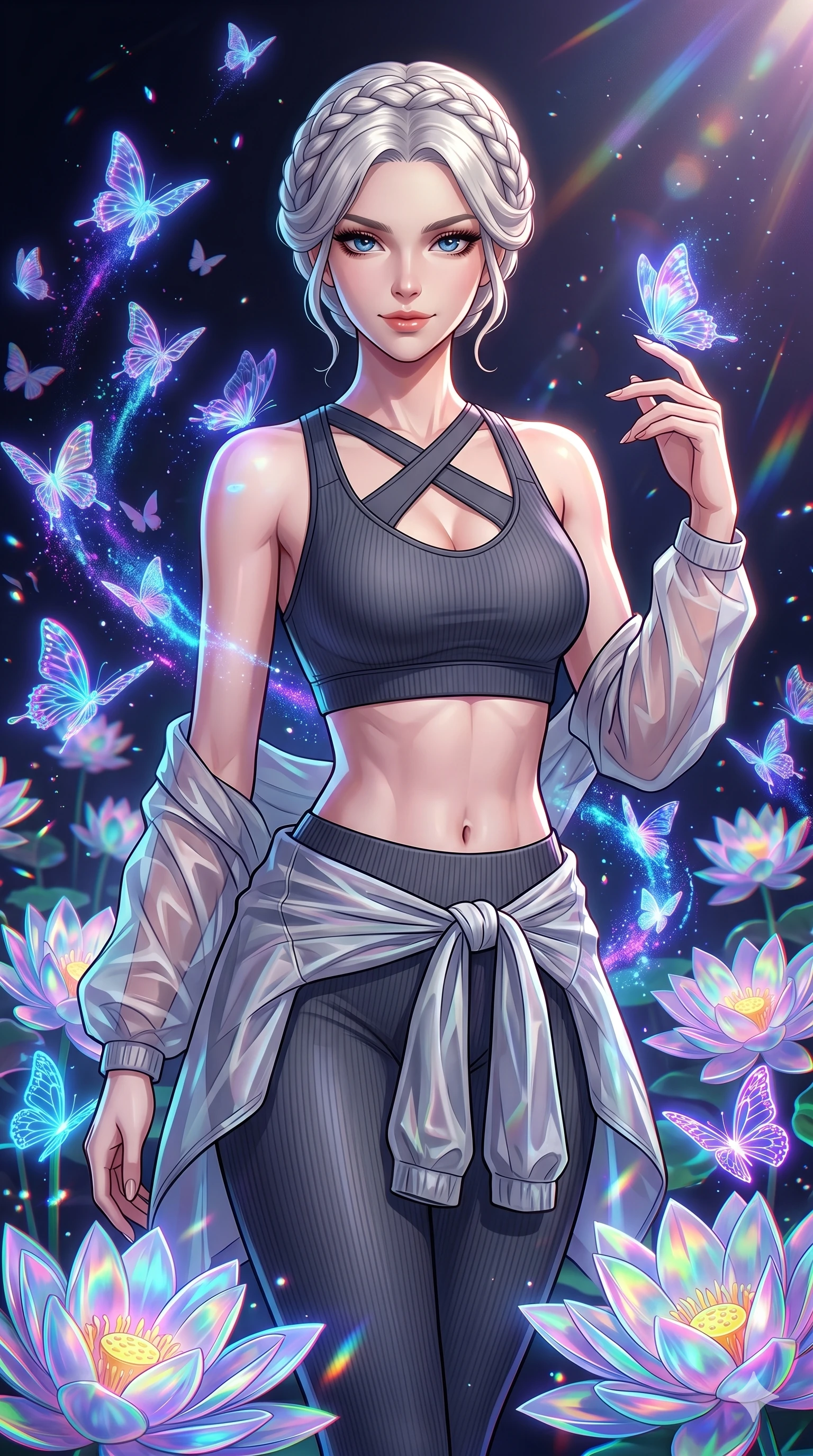 score_9, masterpiece, best quality, ultra-detailed, High-budget Anime Keyframe, vibrant colors, fluid line-art, expressive lighting, cinematic composition, Ufotable-style visual effects, top-tier animation quality, Japanese woman with delicate and elegant anime-inspired features. Upper body close-up from the thighs up, character filling the screen for maximum presence. Surrounded by a swarm of digital butterflies that leave trails of neon dust. She has an absolutely perfect 8-heads proportion, an exceptionally tall and slender female figure with impossibly long slender legs and an ultra-slim waist, her statuesque height and towering silhouette dominating the vertical 9:16 frame. Her face is a masterpiece featuring a sharp v-shaped jawline, high-bridge nose, intricate jewel-like eyes with depth, thick eyelashes, and glossy lips with a natural sheen. She is wearing a Premium ribbed leggings with a matching cross-back sports bra, semi-transparent windbreaker tied around the waist, and an exposed midriff.. The scene is set in a digital garden filled with holographic lotus flowers and neon butterflies. 2k, ultra detail, master piece, 9:16 ratio