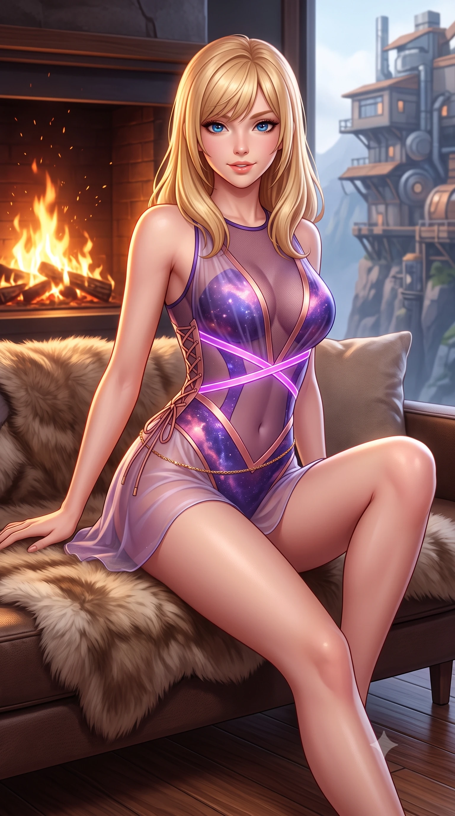 score_9, masterpiece, best quality, ultra-detailed, high-budget anime keyframe, semi-realistic 3D game render, editorial fashion photography, tasteful artistic composition, Caucasian woman. close-up cowboy shot from the waist and thighs up, the character dominates the composition, filling the frame with her large presence. perched sideways on the lounge seat, one knee drawn up to showcase her slender leg line while her arched back accentuates her feminine hip curve while twisting her slender torso in an alluring S-curve on the plush reindeer hide rug, dancing hearth embers highlighting her narrow waist. The surrounding environment is rendered in vivid detail and crisp panoramic clarity: detailed alluring sheer gossamer slip dress, side lace-up corset ties, and cliffside engineering craft in high resolution. She has an exceptionally elegant, slender, and willowy female figure with an ultra-slim waist, flat toned midriff, narrow ribcage, and sculpted feminine hips creating an alluring, slim hourglass silhouette without bulk. sharp v-shaped jawline, high-bridge nose, intricate jewel-like sparkling eyes with depth, thick eyelashes, glossy parted lips with a natural peach sheen, bright cheerful beaming smile with an enchanting and coquettish sensual glint, exuding both youthful cute charm and seductive allure, flawlessly proportioned anatomical accuracy, strict slender model proportions, natural body alignment, perfectly sculpted long slender limbs, ultra-slim waistline, clean dynamic posture without body distortion. wearing a provocative plunging sheer micro-mesh leotard with criss-cross neon strap details across her flat midriff in orbital nebula violet and luminescent rose gold, made of sheer gossamer chiffon that drapes softly against skin with airy translucence, accented with a dainty gold belly chain resting across her flat midriff and curving hips, the glove-like clinging cut tightly following the natural contour of her hips and long slender legs with youthful 8.5-heads elegance. illuminated by teak floor bounce and sharp flame-gold rim lights defining her razor-sharp jawline, narrow waist, and curvy hips. highly saturated vibrant anime colors, detailed shading with soft gradients, rich glossy textures, high-contrast stereoscopic depth, volumetric dynamic lighting, master piece, 9:16 ratio