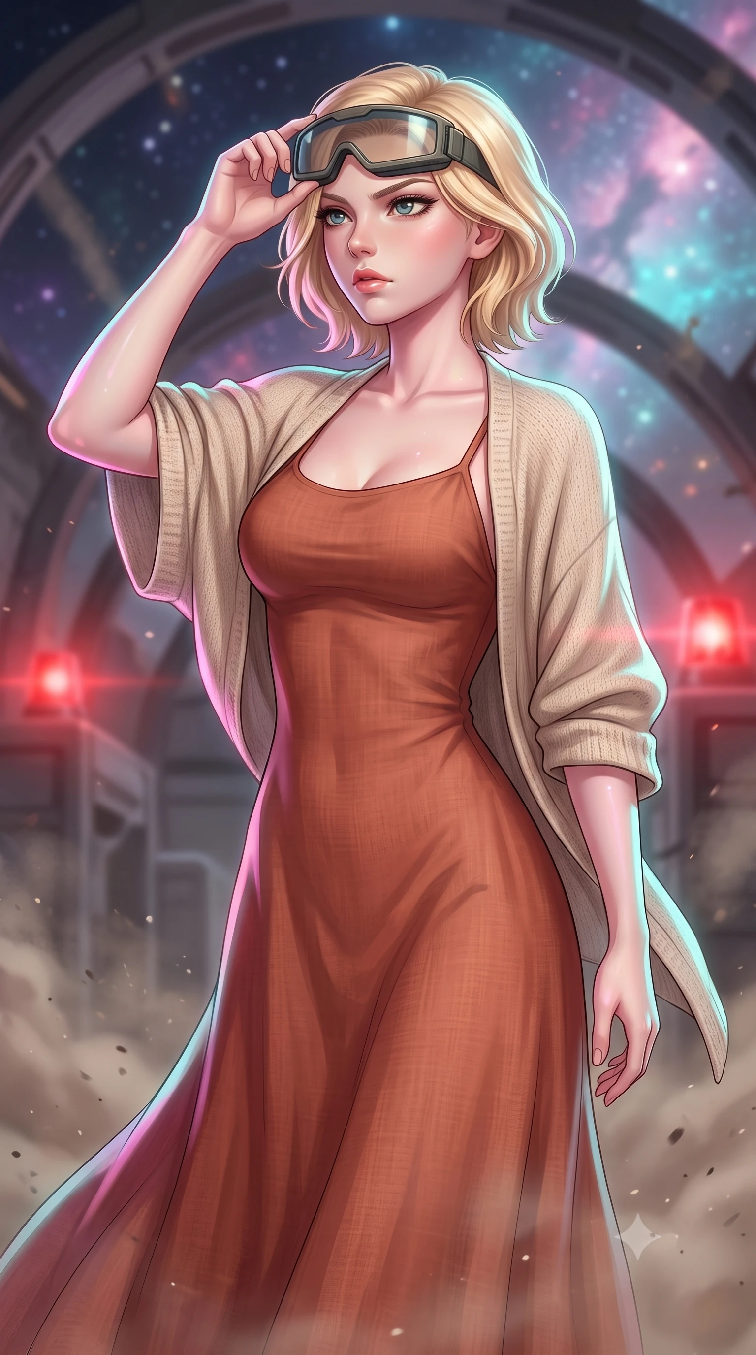score_9, masterpiece, best quality, ultra-detailed, high-budget anime keyframe, editorial fashion photography, tasteful artistic composition, Caucasian woman, strictly human ears. close-up cowboy shot from the waist and thighs up, the character dominates the composition, filling the frame with her large presence, background elements kept in soft focus. Adjusting her tactical visor with one hand, eyes narrowed in sharp concentration at the target. set against a soft-focus background of inside a orbital fortress under bombardment, metal arches shaking and dust falling as red warning sirens flash. She has an exceptionally elegant and slender, willowy female figure with an ultra-slim waist, a gracefully sculpted slender torso, and a refined slim physique. sharp v-shaped jawline, high-bridge nose, intricate jewel-like eyes with depth, thick eyelashes, glossy lips with a natural sheen. wearing tailored for maximum mobility, sleek form-contouring panels that allow fluid movement, a form-contouring flowing terracotta-colored linen maxi dress with a relaxed fit, layered with a light beige knitted shawl. highly saturated vibrant anime colors, intense vivid color palette, soft 3D volumetric shading, volumetric dynamic lighting, starlight and nebula glow casting soft cosmic pink and cyan highlights on her form. 2k, ultra detail, master piece, 9:16 ratio