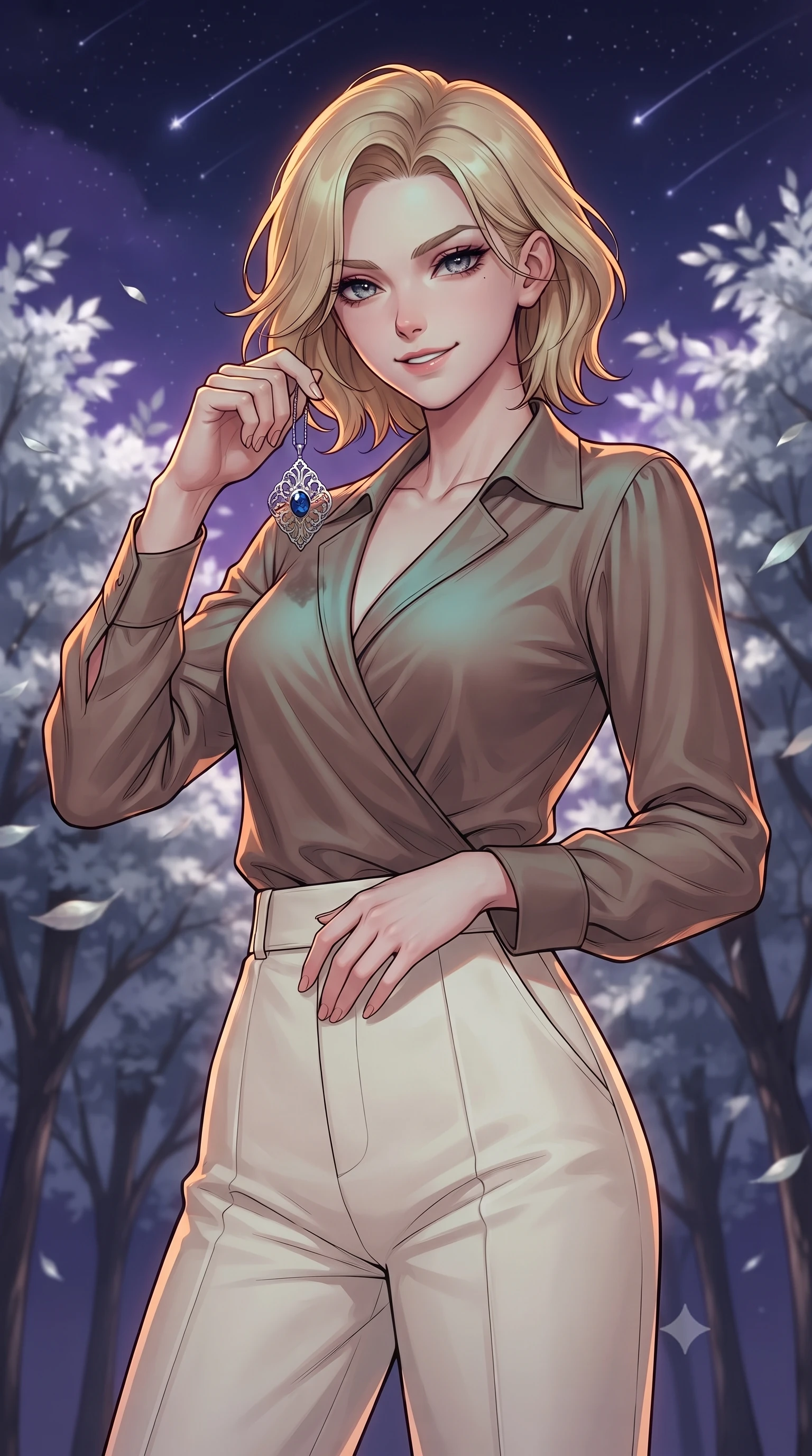 score_9, masterpiece, best quality, ultra-detailed, high-budget anime keyframe, gorgeous anime illustration, with clean line-art and distinct ink outlines, Caucasian woman, strictly human ears. close-up cowboy shot from the waist and thighs up, the character dominates the composition, filling the frame with her large presence, background elements kept in soft focus. Holding a delicate object up near her face while gazing at the viewer with a knowing smile. set against a soft-focus background of in a grove of trees with leaves made of pure polished silver that rustle in the wind, set against a deep violet night sky filled with shooting stars. She has an exceptionally elegant and slender, willowy female figure with an ultra-slim waist, a gracefully sculpted slender torso, and a refined slim physique. sharp v-shaped jawline, high-bridge nose, intricate jewel-like eyes with depth, thick eyelashes, glossy lips with a natural sheen. wearing a wrap-style silk blouse in a warm mocha shade, tucked into high-waisted ivory linen trousers. warm amber rim lighting combined with cool teal fill light creating dramatic contrast. 2k, ultra detail, master piece, 9:16 ratio, vibrant anime color palette, detailed cel-shading with soft gradients, rich contrast, dynamic lighting, 2d animation style
