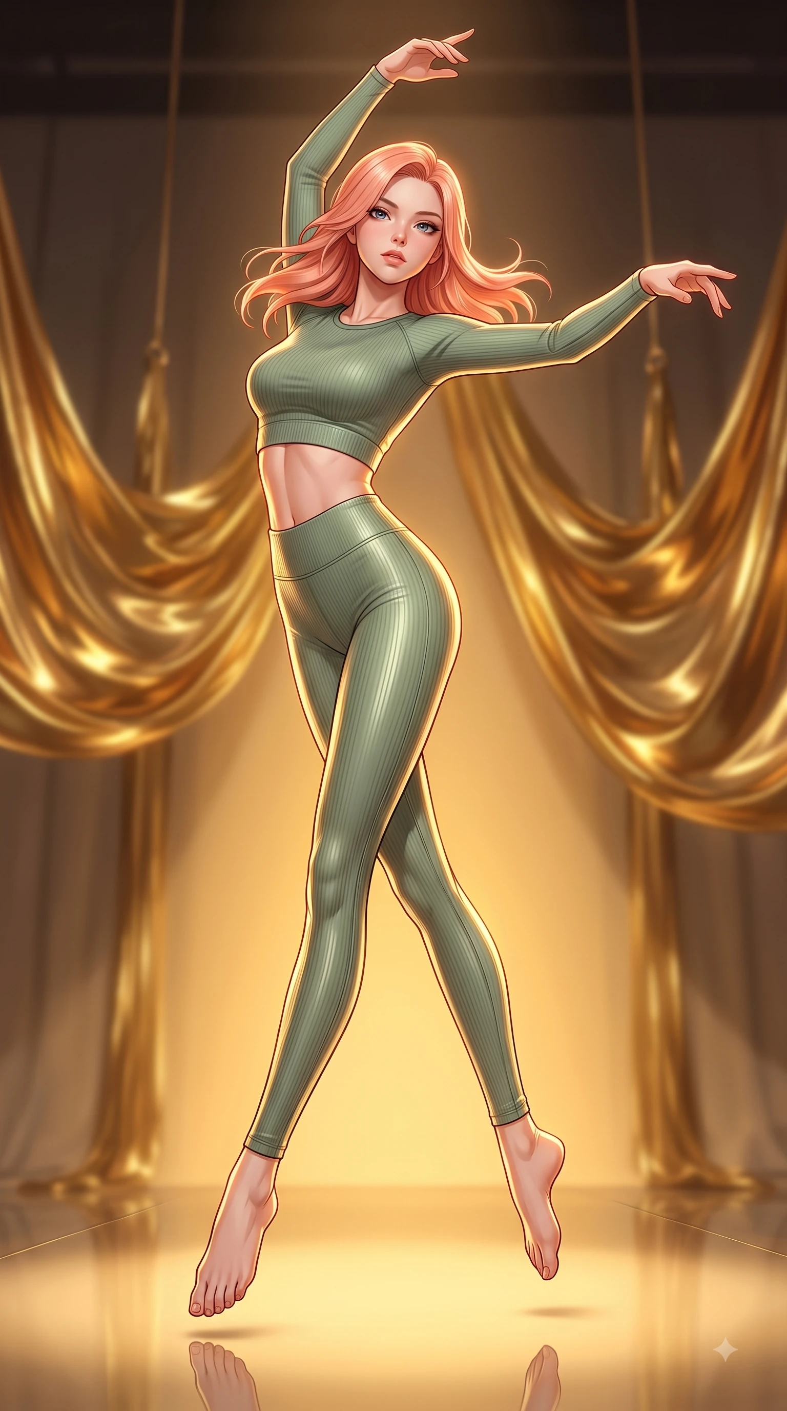 score_9, masterpiece, best quality, ultra-detailed, high-budget anime keyframe, editorial fashion photography, tasteful artistic composition, Japanese woman woman. low angle full-body shot from head to toe showing her feet, filling the entire 9:16 vertical frame with her statuesque presence, stretching her vertical silhouette. She has an absolutely perfect, statuesque 8.5-heads proportion, an exceptionally tall and slender model-like female figure with impossibly long slender legs and an ultra-slim waist. mid-air spin above the reflective floor, maintaining an athletic and perfectly balanced poise, flawlessly proportioned anatomical accuracy, natural body alignment, perfectly sculpted elegant limbs, clean dynamic posture without body distortion. set against a soft-focus background of an avant-garde art studio with suspended liquid gold drapes. wearing a tight-fitting sage green ribbed activewear set with a body-hugging silhouette. bathed in warm amber spotlighting creating metallic specular highlights on her form. highly saturated vibrant anime colors, detailed shading with soft gradients, rich glossy textures, high-contrast stereoscopic depth, volumetric dynamic lighting, master piece, 9:16 ratio