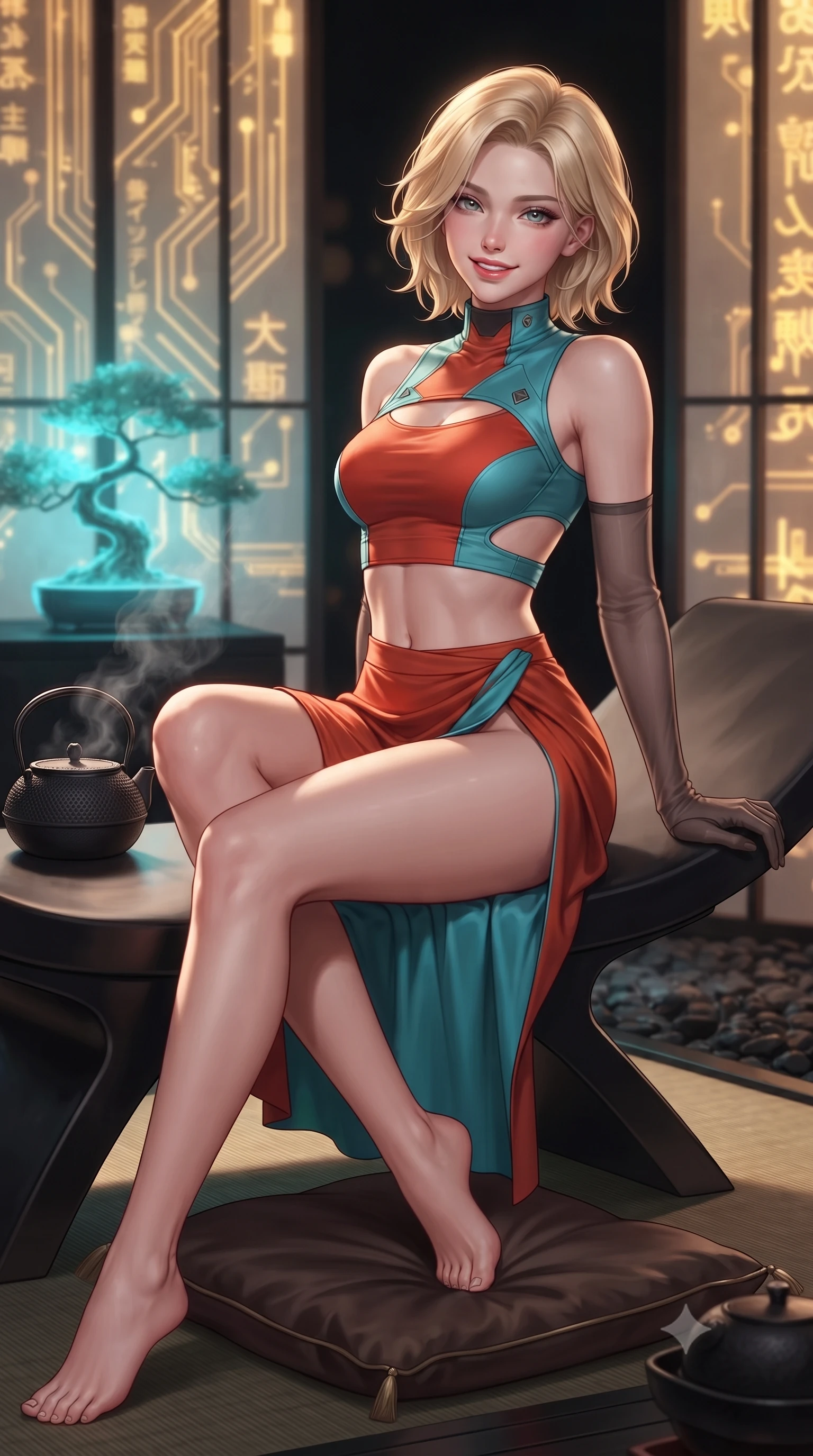 score_9, masterpiece, best quality, ultra-detailed, high-budget anime keyframe, editorial fashion photography, tasteful artistic composition, Caucasian woman. close-up cowboy shot from the waist and thighs up, the character dominates the composition, filling the frame with her large presence. perched sideways on the lounge seat, one knee drawn up to showcase her slender leg line while her arched back accentuates her feminine hip curve while sitting gracefully in seiza on the silk floor cushion with legs folded, flashing an enchanting smile with parted glossy lips as steam rises from the cast-iron kettle. The background shows a soft-focus golden circuitry calligraphy pulsing on translucent paper screens, glowing cyan cryo-bonsai vessel, and black pebble garden blurred into gold, cyan, and ebony bokeh. She has an exceptionally elegant, slender, and willowy female figure with an ultra-slim waist, flat toned midriff, narrow ribcage, and sculpted feminine hips creating an alluring, slim hourglass silhouette without bulk. sharp v-shaped jawline, high-bridge nose, intricate jewel-like sparkling eyes with depth, thick eyelashes, glossy parted lips with a natural peach sheen, bright cheerful beaming smile with an enchanting and coquettish sensual glint, exuding both youthful cute charm and seductive allure, flawlessly proportioned anatomical accuracy, strict slender model proportions, natural body alignment, perfectly sculpted long slender limbs, ultra-slim waistline, clean dynamic posture without body distortion. wearing an alluring tactical crop top with asymmetrical side-rib cutouts and high-neck collar paired with a high-slit wrap skirt in cyber-shinto vermilion and laser turquoise, made of fluid liquid jersey with seamless sculpting hold and smooth contours, complemented by sheer opera-length evening gloves tracing her slender arms, the bespoke structured tailoring following the natural line of her 8.5-heads silhouette with refined elegance. illuminated by black tatami reflection bounce and sharp warm-gold rim lights sculpting her jawline, narrow waist, and curvy hips. ultra-reflective glossy finish, specular highlights, rich textural contrasts, high-contrast stereoscopic depth, volumetric dynamic lighting, 2k, ultra detail, master piece, 9:16 ratio