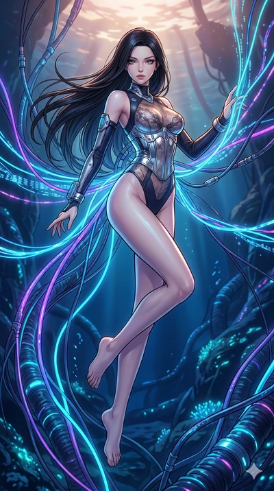 score_9, masterpiece, best quality, ultra-detailed, high-budget anime movie keyframe, cinematic anime lighting, intricate line art, Japanese anime girl. Mid-air action shot capturing a graceful twist and vertical silhouette. interfacing with a networ