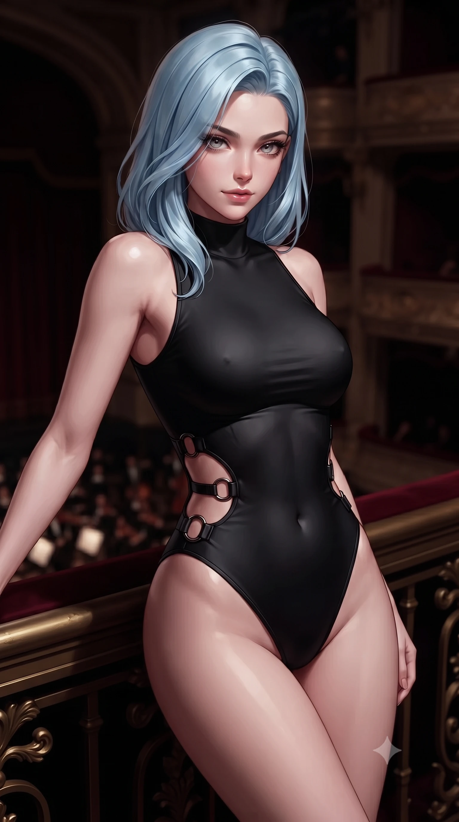 score_9, masterpiece, best quality, ultra-detailed, high-budget anime keyframe, editorial fashion photography, tasteful artistic composition, Korean woman. close-up cowboy shot from the waist and thighs up, the character dominates the composition, filling the frame with her large presence, background elements kept in soft focus. Smiling with quiet, magnetic self-assurance directly into the camera, resting against a dark gilded railing overlooking a shadowy orchestral pit, shadowy opera house architecture fading into pitch-black soft focus. She has an exceptionally elegant, slender, and willowy female figure with an ultra-slim waist, a gracefully sculpted slender torso, and a refined silhouette. sharp v-shaped jawline, high-bridge nose, intricate jewel-like eyes with depth, thick eyelashes, glossy lips with a natural sheen. wearing sleek high-neck ribbed activewear bodysuit in matte black in midnight navy blue, made of liquid dark mercury jersey, trimmed with dark chrome ring hardware along the waist contours, the fitted fabric emphasizing her ultra-slim waist. bathed in rich dark crimson velvet tones and high-contrast pitch-black shadows. highly saturated vibrant anime colors, detailed shading with soft gradients, rich glossy textures, high-contrast stereoscopic depth, volumetric dynamic lighting, master piece, 9:16 ratio