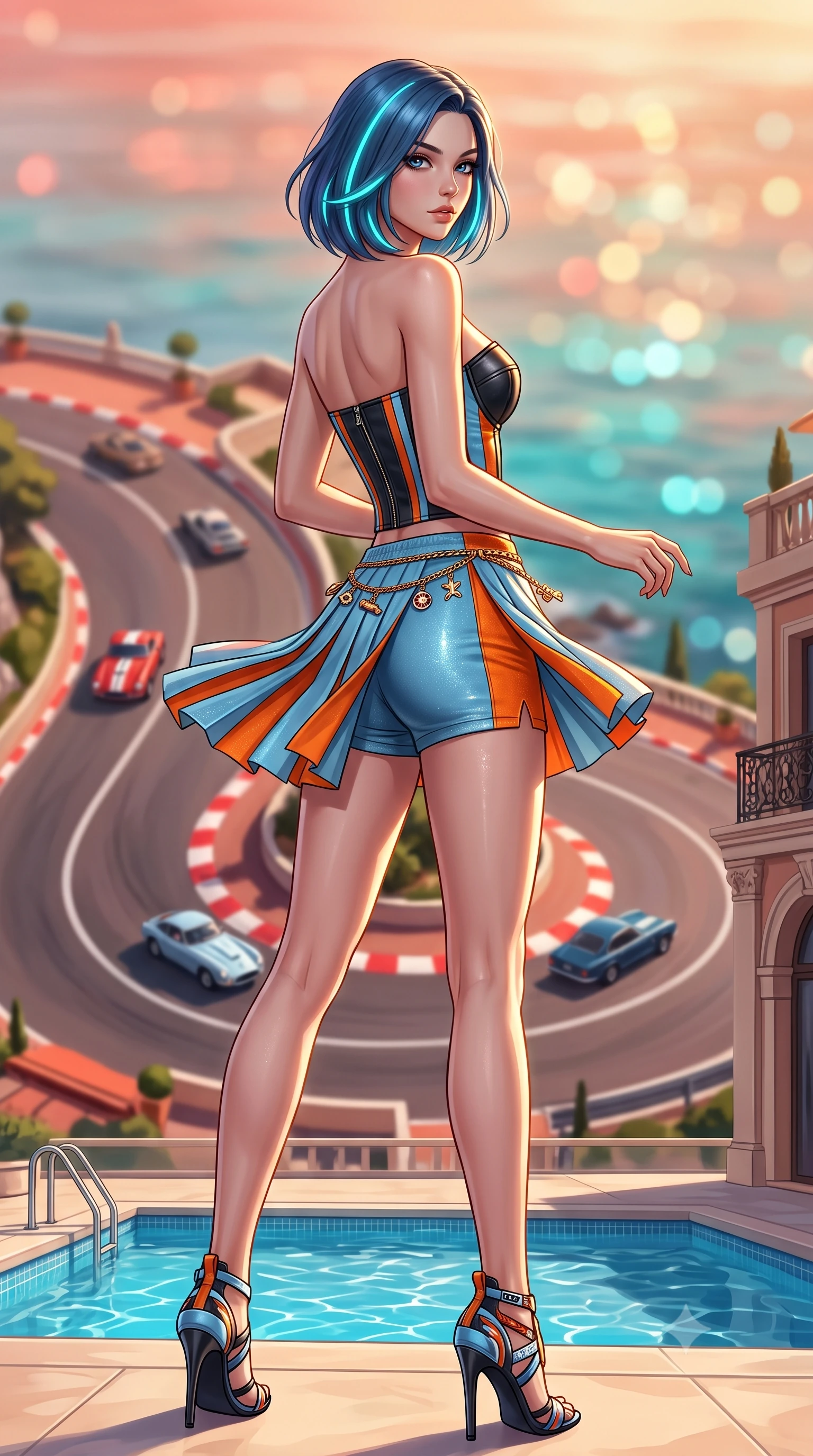 score_9, masterpiece, best quality, ultra-detailed, high-budget anime keyframe, semi-realistic 3D game render, editorial fashion photography, tasteful artistic composition, Caucasian woman. low angle full-body shot from head to toe showing her feet, filling the entire 9:16 vertical frame with her statuesque presence, stretching her vertical silhouette. executing an athletic pivot turn as her pleated tennis skirt flutters around her slender legs, glancing over her shoulder with an intoxicating, teasing bedroom-gaze while standing poised on the rooftop pool terrace directly overlooking the famous tight hairpin curve, arching her back with breathtaking glamour. The background shows a soft-focus the iconic red-and-white curbs of the tight Fairmont Hairpin and the Mediterranean sea beyond blurred into coral, turquoise, and gold bokeh. She has an absolutely perfect, statuesque 8.5-heads proportion, an exceptionally tall and slender model-like female figure with impossibly long slender legs, an ultra-slim waist, a flat toned midriff, narrow delicate ribcage, and beautifully sculpted feminine hips creating a graceful, slim hourglass silhouette without any bulky heaviness. sharp v-shaped jawline, high-bridge nose, sparkling eyes with athletic focus and depth, thick curled eyelashes, glossy parted lips with a natural coral-peach sheen, bright confident and coquettish smile with alluring bedroom-eyes, exuding both youthful sporty vigor and sovereign high-society glamour, flawlessly proportioned anatomical accuracy, strict slender model proportions, natural body alignment, perfectly sculpted long slender limbs, ultra-slim waistline, clean dynamic posture without body distortion. wearing a strapless structured leather corset top with racing stripe accents paired with high-waisted track shorts in vintage Porsche Gulf blue and vibrant race orange, woven from metallic lurex and technical nylon with subtle starlight glints, accented with a delicate gold chain belt resting loosely on her curvy hips, the liquid-tight tailored fabric clinging flawlessly to her narrow waist and rounded feminine hips, emphasizing every millimeter of her sculpted slim hourglass curves without any bulky heaviness. illuminated by pool water caustic bounce and sharp warm-gold rim lights sculpting her razor-sharp jawline, narrow waist, and curvy hips. highly saturated vibrant anime colors, detailed shading with soft gradients, rich glossy textures, high-contrast stereoscopic depth, volumetric dynamic lighting, master piece, 9:16 ratio