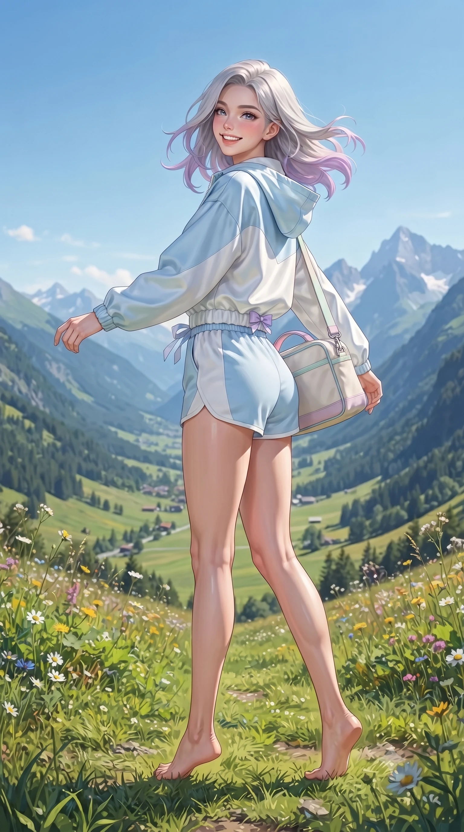 score_9, masterpiece, best quality, ultra-detailed, high-budget anime keyframe, editorial fashion photography, tasteful artistic composition, Caucasian woman. low angle full-body shot from head to toe showing her feet, filling the entire 9:16 vertical frame with her statuesque presence, stretching her vertical silhouette. performing a cheerful mid-motion turn with effortless poise, her skirt fluttering softly as she smiles into the camera while resting on a sunlit grassy knoll overlooking sweeping alpine valleys with an innocent, radiant smile. The surrounding environment is rendered in vivid detail and crisp panoramic clarity. rich alpine landscape chiaroscuro and breathtaking mountain wilderness captured with crisp environmental precision. She has an absolutely perfect, statuesque 8.5-heads proportion, an exceptionally tall and slender model-like female figure with impossibly long slender legs, a toned flat midriff, and an ultra-slim waist. sharp v-shaped jawline, high-bridge nose, intricate jewel-like eyes with depth, thick eyelashes, glossy lips with a natural sheen, pure and lovely fresh girlhood expression, flawlessly proportioned anatomical accuracy, strict slender model proportions, natural body alignment, perfectly sculpted long slender limbs, ultra-slim waistline, clean dynamic posture without body distortion. wearing a cute sporty pastel windbreaker paired with high-waisted active shorts and a canvas crossbody bag in gentle baby blue and cloud white, crafted from smooth fluid silk satin with a natural gentle sheen, accented with a dainty ribbon bow at the waistline, the soft airy drape swaying gracefully with her dynamic movements, emphasizing her tall willowy build and slim waistline. surrounded by a fresh, uplifting, and enchantingly pure alpine girlhood aura. ultra-reflective glossy finish, specular highlights, rich natural textures, high-contrast stereoscopic depth, volumetric dynamic lighting, 2k, ultra detail, master piece, 9:16 ratio