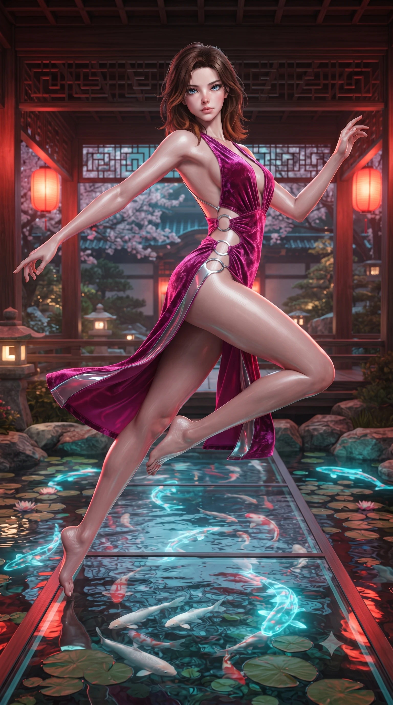 score_9, masterpiece, best quality, ultra-detailed, high-budget anime keyframe, editorial fashion photography, tasteful artistic composition, Korean woman. low angle full-body shot from head to toe showing her feet, filling the entire 9:16 vertical frame with her statuesque presence, stretching her vertical silhouette. leaping through mid-air with an athletic yet alluring arch of her spine, her impossibly long slender legs stretched in flawless poise while stepping along a floating glass bridge over an illuminated pond filled with swimming light fish. The surrounding environment is rendered in vivid detail and crisp panoramic clarity. intricate wooden lattice patterns, floating water lily pads, and stone lanterns in crisp clarity. She has an absolutely perfect, statuesque 8.5-heads proportion, an exceptionally tall and slender model-like female figure with impossibly long slender legs and an ultra-slim waist. sharp v-shaped jawline, high-bridge nose, intricate jewel-like eyes with depth, thick eyelashes, glossy lips with a natural sheen, flawlessly proportioned anatomical accuracy, natural body alignment, perfectly sculpted elegant limbs, clean dynamic posture without body distortion. wearing a backless crushed velvet gown with a deep V-neckline, strategic hip cutouts, and an ultra-high thigh slit in chromatic platinum and blazing neon magenta, tailored from semi-translucent cybernetic vinyl with glowing micro-filaments, detailed with polished silver rings connecting the daring side-waist cutouts, the form-contouring second-skin material highlighting her ultra-slim waist and long lines. bathed in warm crimson lantern glow and cool cyan holographic koi refractions. ultra-reflective glossy finish, specular highlights, metallic sheen, high-contrast stereoscopic depth, volumetric dynamic lighting, 2k, ultra detail, master piece, 9:16 ratio