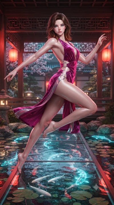 score_9, masterpiece, best quality, ultra-detailed, high-budget anime keyframe, editorial fashion photography, tasteful artistic composition, Korean woman. low angle full-body shot from head to toe showing her feet, filling the entire 9:16 vertical f