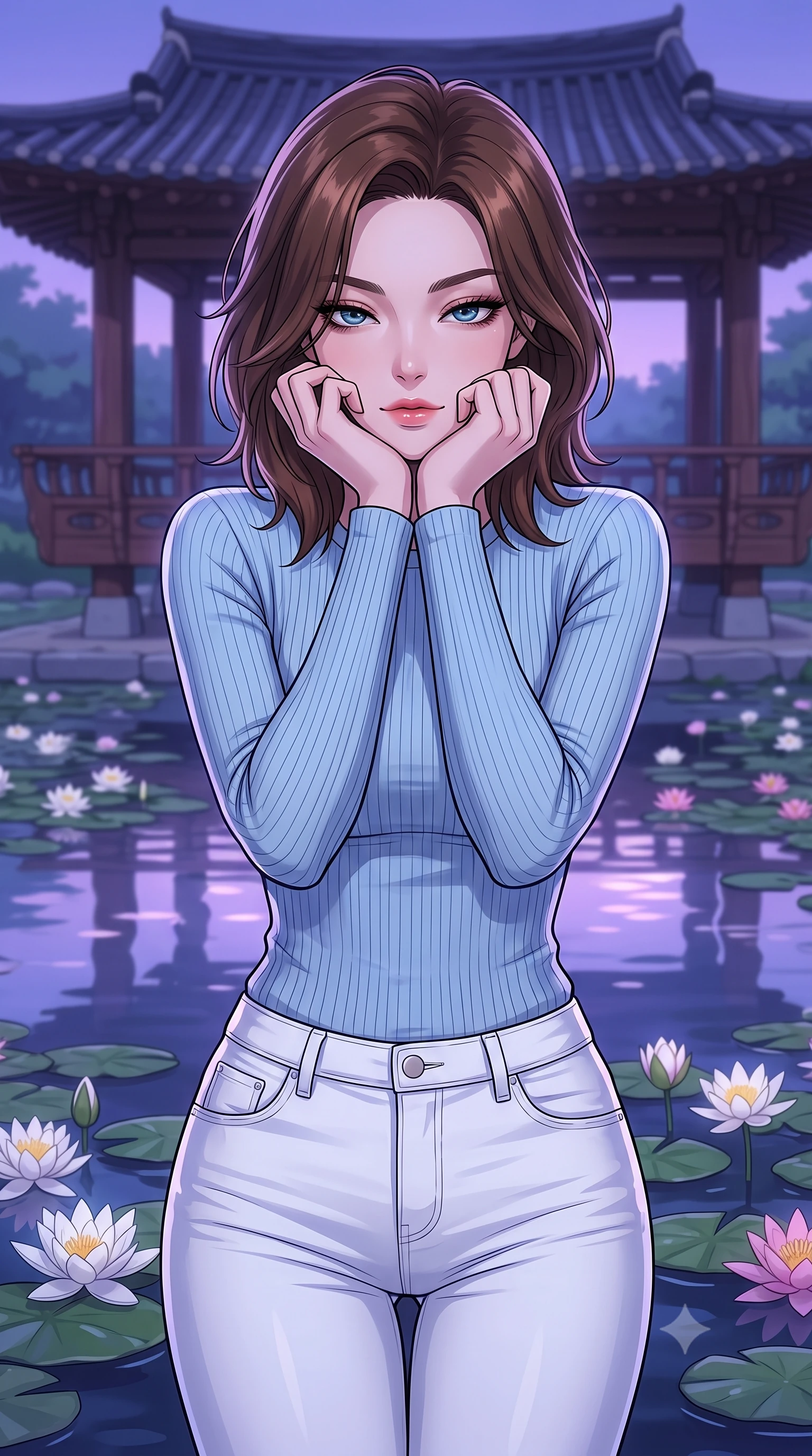 score_9, masterpiece, best quality, ultra-detailed, high-budget anime keyframe, tasteful artistic composition, Korean woman. close-up cowboy shot from the waist and thighs up, the character dominates the composition, filling the frame with her large presence, background elements kept in soft focus. resting her chin on the backs of her fingers, casting a heavy-lidded, sultry look past the camera the background shows a soft-focus an old wooden pavilion overlooking a calm pond filled with blooming water lilies. She has an exceptionally elegant, slender, and willowy female figure with an ultra-slim waist, a gracefully sculpted slender torso, and a refined silhouette. sharp v-shaped jawline, high-bridge nose, intricate jewel-like eyes with depth, thick eyelashes, glossy lips with a natural sheen. wearing a form-contouring body-hugging light blue ribbed long-sleeve top paired with tight white denim pants. the serene purple and blue hues of twilight reflecting on the still water. highly saturated vibrant anime colors, cel-shading, 2d style, master piece, 9:16 ratio