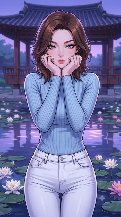 score_9, masterpiece, best quality, ultra-detailed, high-budget anime keyframe, tasteful artistic composition, Korean woman. close-up cowboy shot from the waist and thighs up, the character dominates the composition, filling the frame with her large 