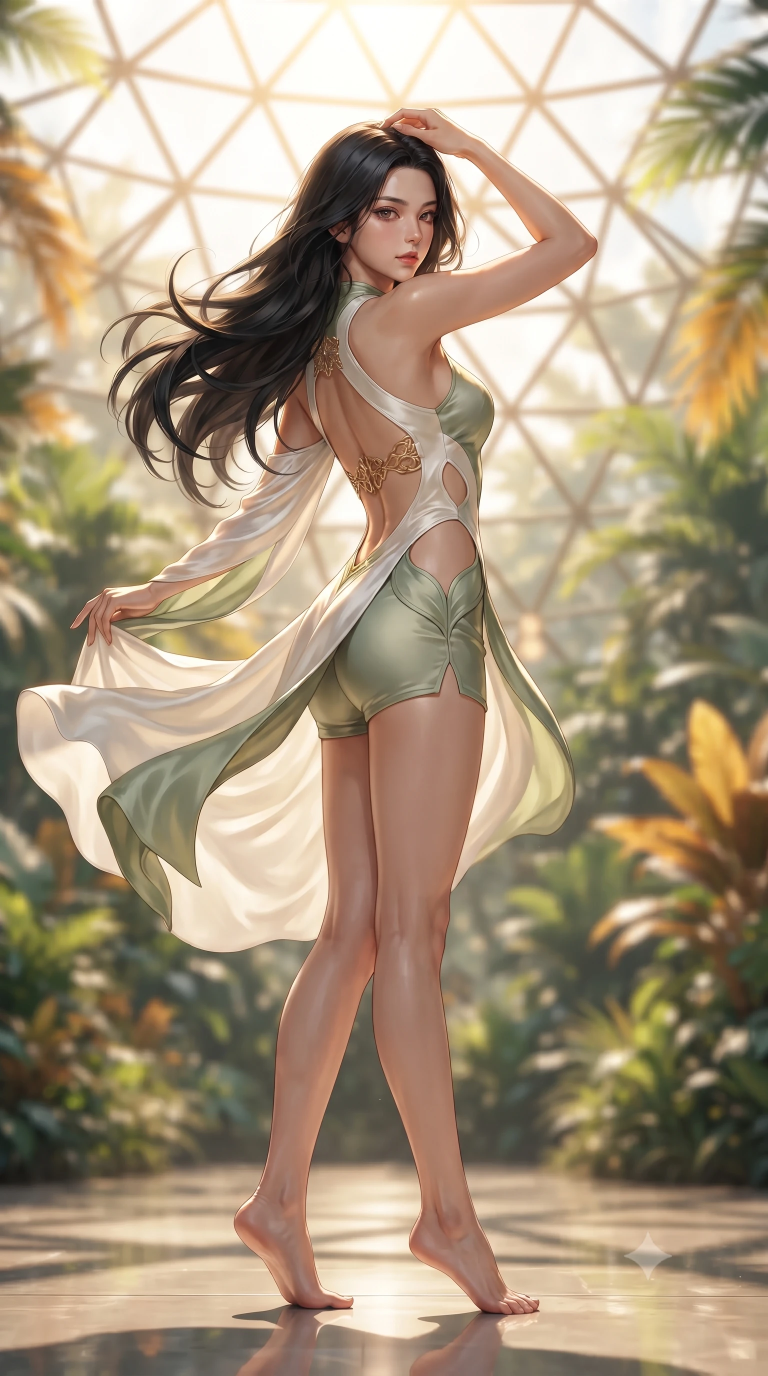 score_9, masterpiece, best quality, ultra-detailed, high-budget anime keyframe, editorial fashion photography, tasteful artistic composition, Korean woman. low angle full-body shot from head to toe showing her feet, filling the entire 9:16 vertical frame with her statuesque presence, stretching her vertical silhouette. executing an elegant mid-motion turn as garments swirl around her slender limbs, glancing over her shoulder with smoldering allure while stretching languidly as golden afternoon sunlight warms her bare shoulders, gazing into the lens with relaxed sensuality. The composition keeps background elements in soft focus with creamy bokeh. geometric solar dome facets and lush exotic tropical foliage blurred into radiant emerald, lime, and warm honey bokeh. She has an absolutely perfect, statuesque 8.5-heads proportion, an exceptionally tall and slender model-like female figure with impossibly long slender legs, a toned flat midriff, and an ultra-slim waist. sharp v-shaped jawline, high-bridge nose, intricate jewel-like eyes with depth, thick eyelashes, glossy parted lips with a natural sheen, intensely captivating and seductive expression, flawlessly proportioned anatomical accuracy, strict slender model proportions, natural body alignment, perfectly sculpted long slender limbs, ultra-slim waistline, clean dynamic posture without body distortion. wearing a cut-out solarpunk asymmetrical bodysuit with organic leaf-curve side openings and athletic shorts in pure alabaster white and fresh sage green, tailored from smooth liquid silk satin with subtle floral jacquard, finished with a dramatic open back secured by golden filigree clasps, the lightweight liquid-knit fabric adhering like a second skin to her slender frame, highlighting her effortless sun-kissed charm. bathed in glorious golden hour sunlight streaming through the solar glass ceiling. ultra-reflective glossy finish, specular highlights, rich textural contrasts, high-contrast stereoscopic depth, volumetric dynamic lighting, 2k, ultra detail, master piece, 9:16 ratio