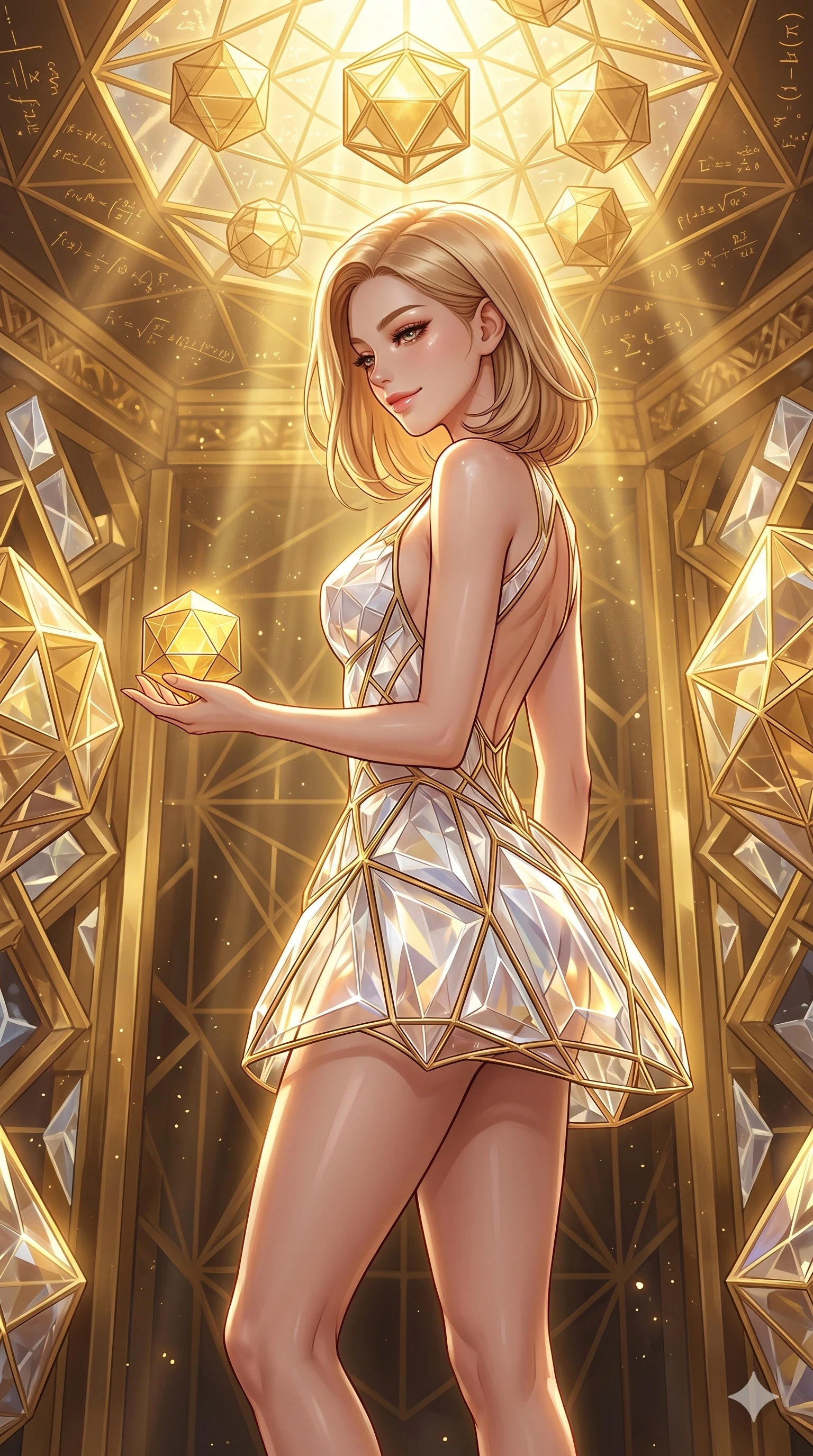 score_9, masterpiece, best quality, ultra-detailed, high-budget anime keyframe, editorial fashion photography, tasteful artistic composition, Korean woman. cowboy shot from the thighs up, character and outfit filling the frame for maximum editorial presence. holding a small golden polyhedron, looking down with a serene and powerful smile inside a mathematical temple with golden geometric ceiling patterns (Code-P16-131). She has an absolutely perfect 8-heads proportion, an exceptionally tall and slender female figure with impossibly long slender legs and an ultra-slim waist. V-shaped jawline, high-bridge nose, intricate jewel-like eyes with depth, thick eyelashes, glossy lips with a natural sheen. wearing a crystalline structured white mini-dress with gold wire frames and open back. brilliant golden rays from the ceiling, creating a warm glowing aura on her silhouette. 2k, ultra detail, master piece, 9:16 ratio