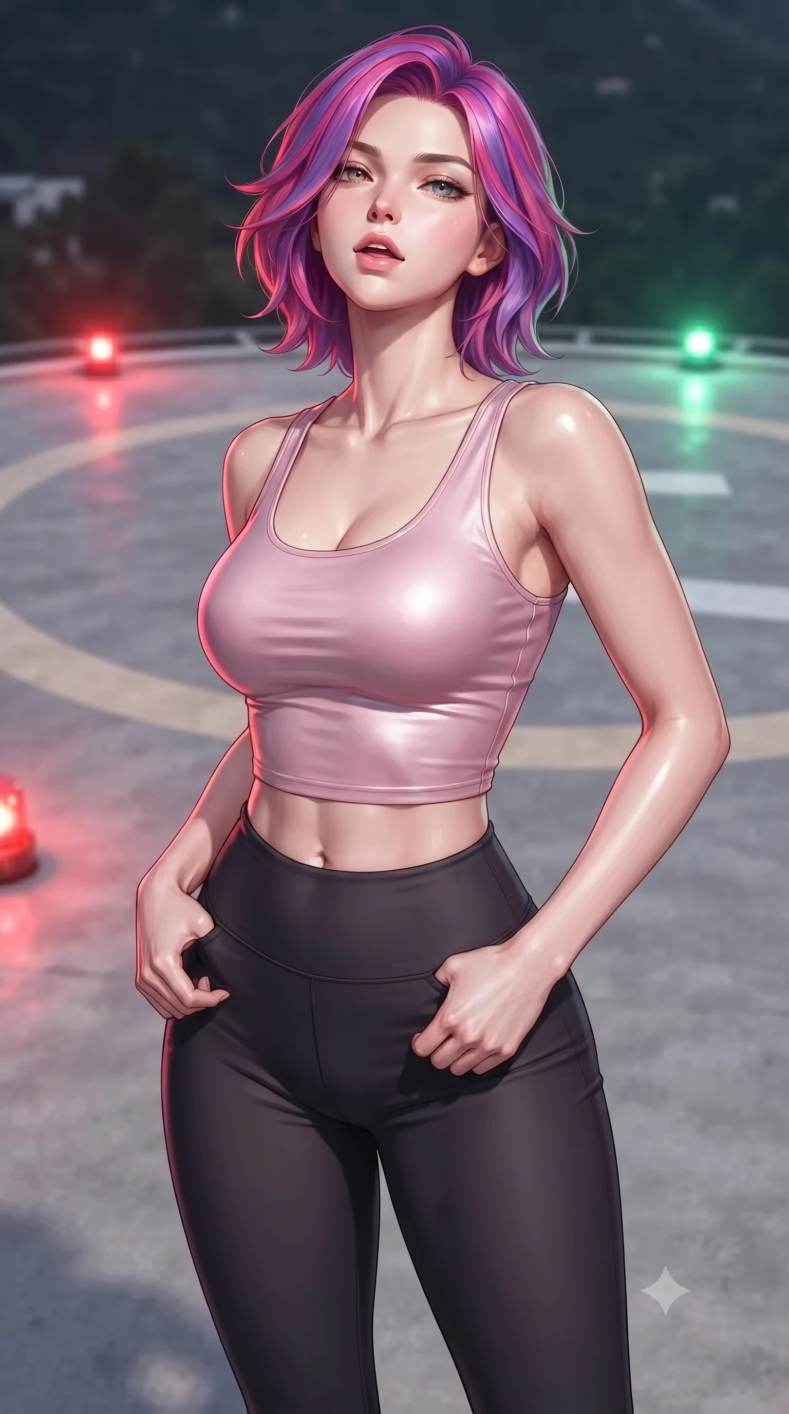 score_9, masterpiece, best quality, ultra-detailed, high-budget anime keyframe, editorial fashion photography, tasteful artistic composition, Caucasian woman. close-up cowboy shot from the waist and thighs up, the character dominates the composition, filling the frame with her large presence, background elements kept in soft focus. tilting her chin up slightly with lips parted in a composed, provocative expression the background shows a soft-focus a concrete helipad circle with blinking signal lights on top of a modern villa. She has an exceptionally elegant, slender, and willowy female figure with an ultra-slim waist, a gracefully sculpted slender torso, and a refined silhouette. sharp v-shaped jawline, high-bridge nose, intricate jewel-like eyes with depth, thick eyelashes, glossy lips with a natural sheen. wearing a tailored body-hugging light pink crop tank top paired with high-waisted tight-fitting leggings. flashes of red and green beacon lights casting dynamic highlights on her form. ultra-reflective glossy finish, specular highlights, metallic sheen, high-contrast stereoscopic depth, volumetric dynamic lighting, 2k, ultra detail, master piece, 9:16 ratio