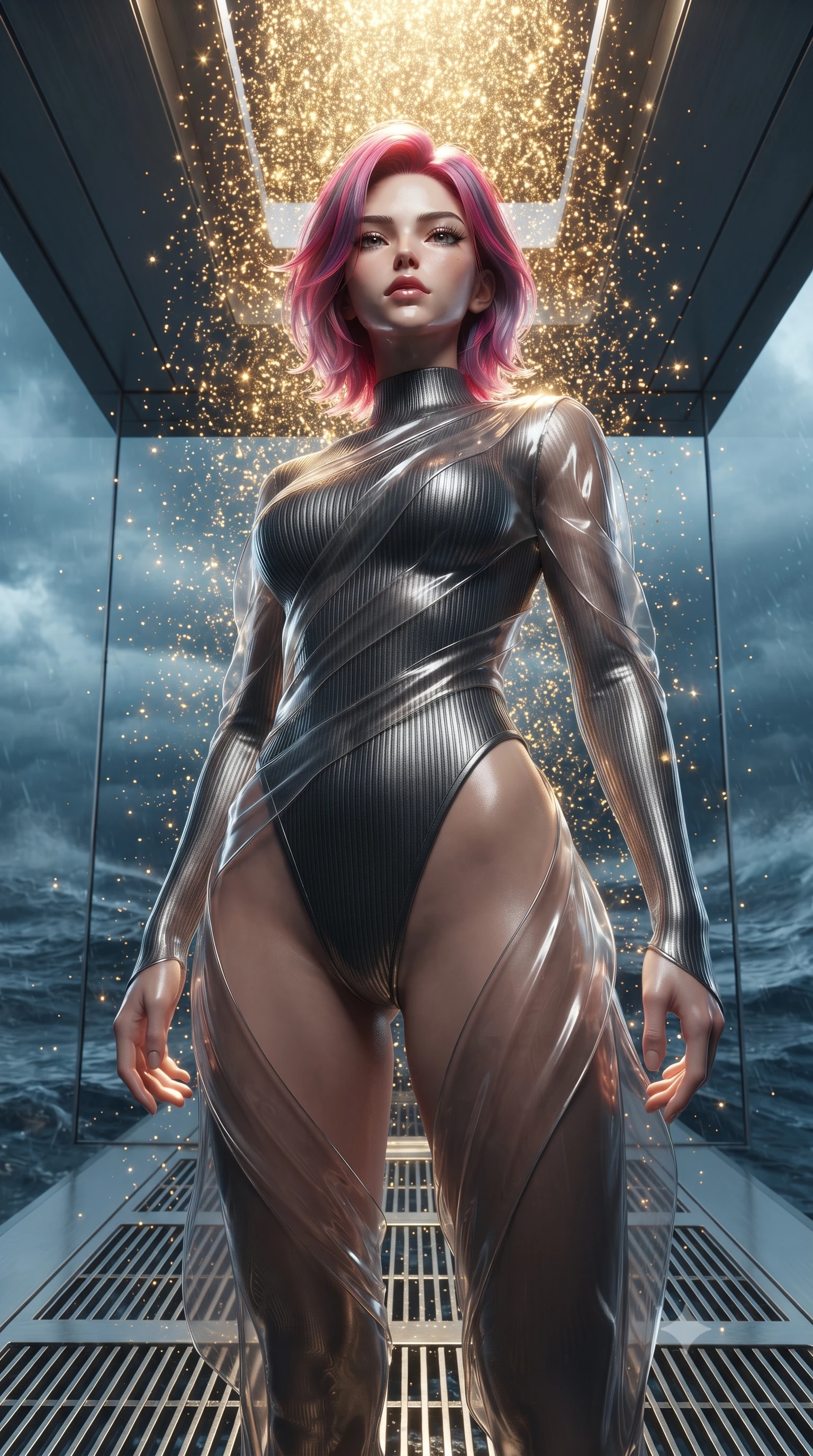 score_9, masterpiece, best quality, ultra-detailed, High-budget Anime Keyframe, editorial fashion photography, tasteful artistic composition, realistic cosplay photography, Caucasian woman, strictly human ears. Low angle cowboy shot filling the entire 9:16 frame with her statuesque presence. Scenario 333: showering under a cascade of glittering gold stardust inside a floating platform suspended over a stormy sea of dark blue water. Her presence is magnetic and overpowering in this high-budget cinematic scene. Outfit 333: a form-contouring ribbed bodycon knit second with a high-cut leg line and translucent layers. The clothing is designed to emphasize her exceptionally tall and slender 8-heads proportion. 8-heads proportion, towering silhouette, ultra-slim waist. sharp v-shaped jawline, intricate jewel-like eyes with depth, thick eyelashes, glossy lips. ultra-reflective glossy finish, specular highlights, metallic sheen, high-contrast stereoscopic depth, volumetric dynamic lighting, 2k, ultra detail, master piece, 9:16 ratio