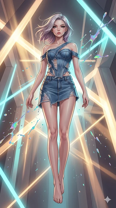 score_9, masterpiece, best quality, ultra-detailed, high-budget anime keyframe, editorial fashion photography, tasteful artistic composition, Caucasian woman, strictly human ears. low angle full-body shot from head to toe showing her feet, filling th
