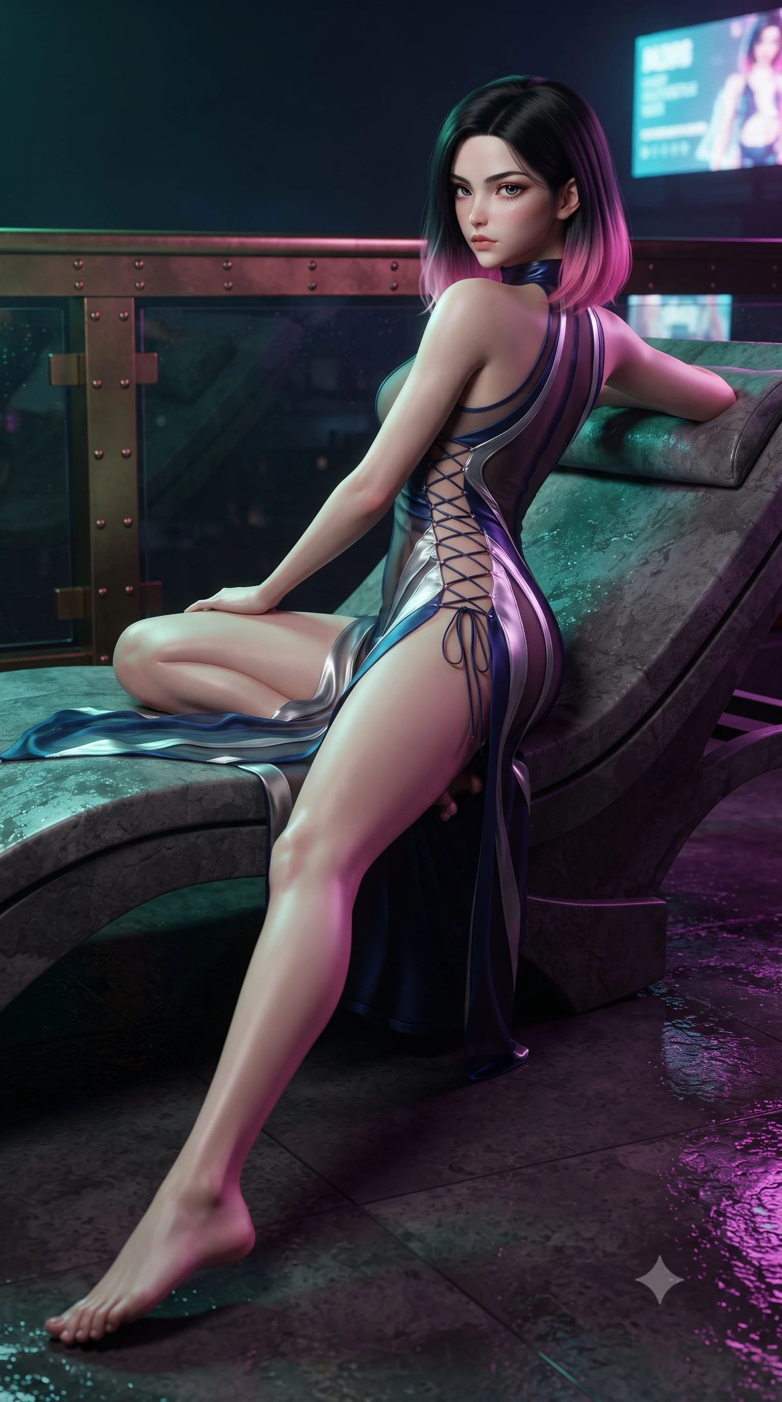 score_9, masterpiece, best quality, ultra-detailed, high-budget anime keyframe, editorial fashion photography, tasteful artistic composition, Korean woman. low angle full-body shot from head to toe showing her feet, filling the entire 9:16 vertical frame with her statuesque presence, stretching her vertical silhouette. walking along the terrace with poise, looking back over her bare shoulder with an irresistible smoldering bedroom-gaze while lounging across a wet-stone outdoor chaise lounge propped on one elbow, her flat midriff and long slender limbs commanding the neon abyss. The surrounding environment is rendered in vivid detail and crisp panoramic clarity: sharp wet stone terrace textures, bronze guardrail rivets, and holographic billboard pixel structure in deep focus. She has an absolutely perfect, statuesque 8.5-heads proportion, an exceptionally tall and slender model-like female figure with impossibly long slender legs, an ultra-slim waist, a flat toned midriff, narrow delicate ribcage, and beautifully sculpted feminine hips creating a graceful, slim hourglass silhouette without any bulky heaviness. sharp v-shaped jawline, high-bridge nose, sparkling eyes with hypnotic seductive depth, thick curled eyelashes, glossy parted lips with a natural dewy peach sheen, alluring bedroom-eyes with an enchanting coquettish smile, exuding magnetic siren charisma and sophisticated glamour, flawlessly proportioned anatomical accuracy, strict slender model proportions, natural body alignment, perfectly sculpted long slender limbs, ultra-slim waistline, clean dynamic posture without body distortion. wearing a provocative high-neck sheer illusion cocktail dress with liquid satin ribbons contouring her curves in molten liquid silver and deep sapphire navy, tailored from fine structural neoprene with crisp architectural edges and smooth contouring, featuring fine criss-cross lace-up side ties revealing tantalizing glimpses of her hip curve, the high-slit wrap tailoring accentuating her ultra-slim waistline and the enchanting curve of her feminine hips with alluring seductive charm. illuminated by wet terrace specular reflections and sharp emerald-magenta rim lights sculpting her razor-sharp jawline, narrow waist, and curvy hips. ultra-reflective glossy finish, specular highlights, rich textural contrasts, high-contrast stereoscopic depth, volumetric dynamic lighting, 2k, ultra detail, master piece, 9:16 ratio