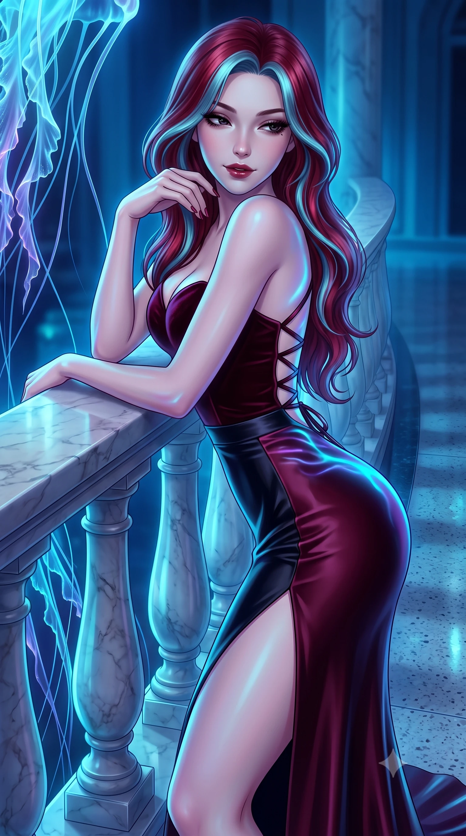 score_9, masterpiece, best quality, ultra-detailed, high-budget anime keyframe, semi-realistic 3D game render, editorial fashion photography, tasteful artistic composition, Caucasian woman. close-up cowboy shot from the waist and thighs up, the character dominates the composition, filling the frame with her large presence. resting one elbow on the marble balustrade while arching her spine with dancer poise, her dark bedroom-eyes casting a magnetic sidelong glance while twisting her slender torso in an alluring S-curve, bioluminescent cyan and violet ripples playing across her narrow waist and rounded hips. The surrounding environment is rendered in vivid detail and crisp panoramic clarity. sharp jellyfish translucent tendril filaments, curved acrylic seam bevels, and polished terrazzo floor reflections in deep focus. She has an exceptionally elegant, slender, and willowy female figure with an ultra-slim waist, flat toned midriff, narrow ribcage, and sculpted feminine hips creating an alluring, slim hourglass silhouette without bulk. sharp v-shaped jawline, high-bridge nose, intricate jewel-like dark sparkling eyes with dangerous depth, thick curled eyelashes, glossy parted lips with a rich wine sheen, smoldering seductive half-smile with bedroom-eyes, exuding effortless superiority and intoxicating dark allure, flawlessly proportioned anatomical accuracy, strict slender model proportions, natural body alignment, perfectly sculpted long slender limbs, ultra-slim waistline, clean dynamic posture without body distortion. wearing a sweetheart-neckline velvet bustier paired with a curve-hugging high-slit mermaid maxi skirt in deep wine burgundy and lustrous obsidian, crafted from heavy fluid silk satin with a liquid mirror-like drape, featuring a dramatic criss-cross satin back lacing tracing her slender spine, the high-waisted tailoring accentuating her ultra-slim waistline and the enchanting curve of her feminine hips with alluring dark charm. bathed in deep ethereal sapphire and cyan bioluminescent ambient glow radiating from all sides. highly saturated vibrant anime colors, detailed shading with soft gradients, rich glossy textures, high-contrast stereoscopic depth, volumetric dynamic lighting, master piece, 9:16 ratio