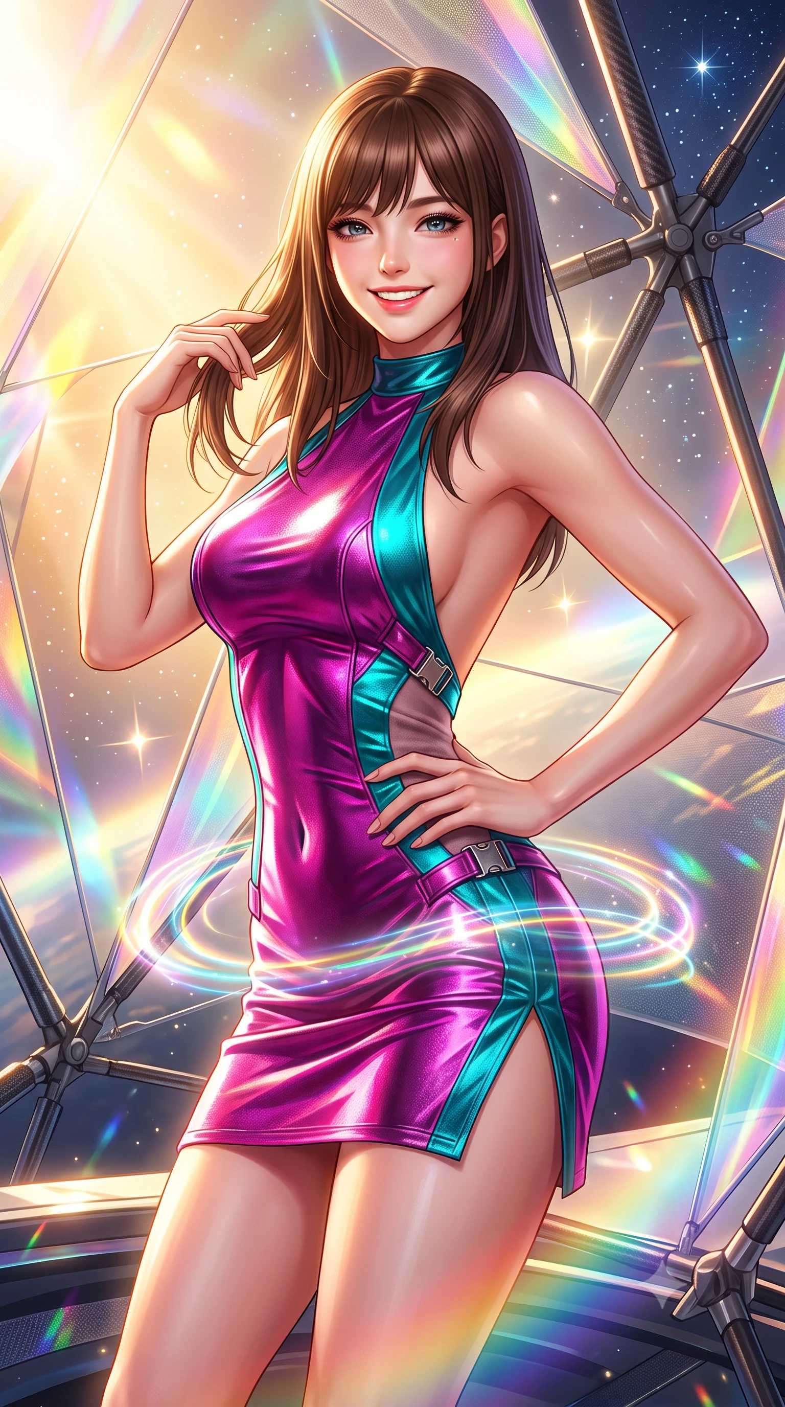score_9, masterpiece, best quality, ultra-detailed, high-budget anime keyframe, semi-realistic 3D game render, editorial fashion photography, tasteful artistic composition, Korean woman. close-up cowboy shot from the waist and thighs up, the character dominates the composition, filling the frame with her large presence. twisting her slender torso in an alluring contrapposto stance, one hand resting on her sculpted hip while her fingers toy with her hair with effortless poise while twisting her slender torso in an alluring contrapposto stance, chromatic rainbow light ripples wrapping around her narrow waist and curvy hips. The surrounding environment is rendered in vivid detail and crisp panoramic clarity: sharp ultra-thin nanofiber sail weave textures, carbon-composite spar joints, and razor-sharp celestial starpoints in deep focus. She has an exceptionally elegant, slender, and willowy female figure with an ultra-slim waist, flat toned midriff, narrow ribcage, and sculpted feminine hips creating an alluring, slim hourglass silhouette without bulk. sharp v-shaped jawline, high-bridge nose, intricate jewel-like sparkling eyes with depth, thick eyelashes, glossy parted lips with a natural peach sheen, bright cheerful beaming smile with an enchanting and coquettish sensual glint, exuding both youthful cute charm and seductive allure, flawlessly proportioned anatomical accuracy, strict slender model proportions, natural body alignment, perfectly sculpted long slender limbs, ultra-slim waistline, clean dynamic posture without body distortion. wearing an alluring backless metallic lamé combat halter mini dress with deep open back down to her lower spine and thigh-high slit in Kowloon neon magenta and electric teal, crafted from bespoke double-faced cashmere with an exceptionally soft tactile finish, finished with sleek magnetic buckle closures fluttering in the breeze, the glove-like clinging cut tightly following the natural contour of her hips and long slender legs with youthful 8.5-heads elegance. bathed in blinding warm golden solar radiance filtered through prismatic iridescent nano-films. highly saturated vibrant anime colors, detailed shading with soft gradients, rich glossy textures, high-contrast stereoscopic depth, volumetric dynamic lighting, master piece, 9:16 ratio