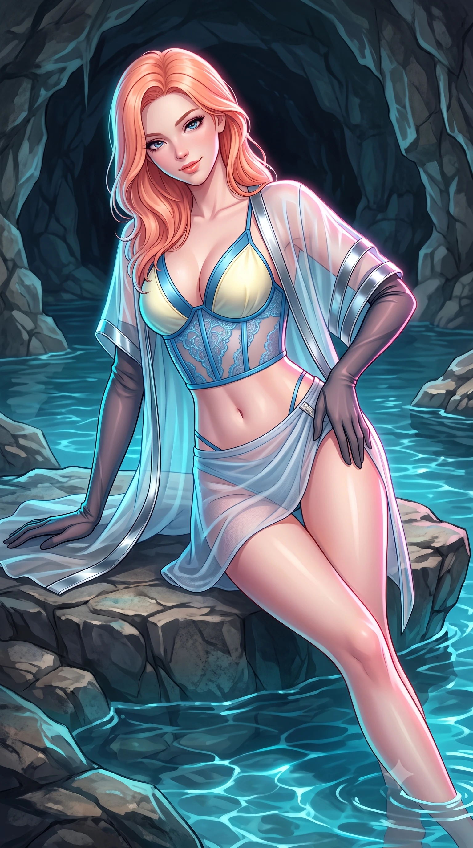score_9, masterpiece, best quality, ultra-detailed, high-budget anime keyframe, semi-realistic 3D game render, editorial fashion photography, tasteful artistic composition, Japanese woman. close-up cowboy shot from the waist and thighs up, the character dominates the composition, filling the frame with her large presence. tilting her head with a teasing half-smile, running one hand slowly down the side of her hip in a flirtatious S-curve as ambient light caresses her silhouette while lounging in the natural rock pool with torso propped on one elbow with legs extended, displaying her long slender limbs and statuesque hourglass silhouette. The surrounding environment is rendered in vivid detail and crisp panoramic clarity: detailed sculpted translucent bustier in azure-blue lace, sheer side panels, draped gossamer mini skirt, and grotto stonework in high resolution. She has an exceptionally elegant, slender, and willowy female figure with an ultra-slim waist, flat toned midriff, narrow ribcage, and sculpted feminine hips creating an alluring, slim hourglass silhouette without bulk. sharp v-shaped jawline, high-bridge nose, intricate jewel-like sparkling eyes with depth, thick eyelashes, glossy parted lips with a natural peach sheen, bright cheerful beaming smile with an enchanting and coquettish sensual glint, exuding both youthful cute charm and seductive allure, flawlessly proportioned anatomical accuracy, strict slender model proportions, natural body alignment, perfectly sculpted long slender limbs, ultra-slim waistline, clean dynamic posture without body distortion. wearing a delicate sheer organza futuristic caftan with metallic chrome accents worn open over a micro liquid-metal bralette in Positano lemon blossom ivory and Mediterranean azure, made of fluid liquid jersey with seamless sculpting hold and smooth contours, complemented by sheer opera-length evening gloves tracing her slender arms, the precision-cut side openings and low-back scoop framing her graceful spine and the sensual sweep of her slim, toned hips. illuminated by cave water caustics bounce and sharp electric-cyan and rose rim lights sculpting her cheekbones, flat midriff, and curvaceous hips. highly saturated vibrant anime colors, detailed shading with soft gradients, rich glossy textures, high-contrast stereoscopic depth, volumetric dynamic lighting, master piece, 9:16 ratio