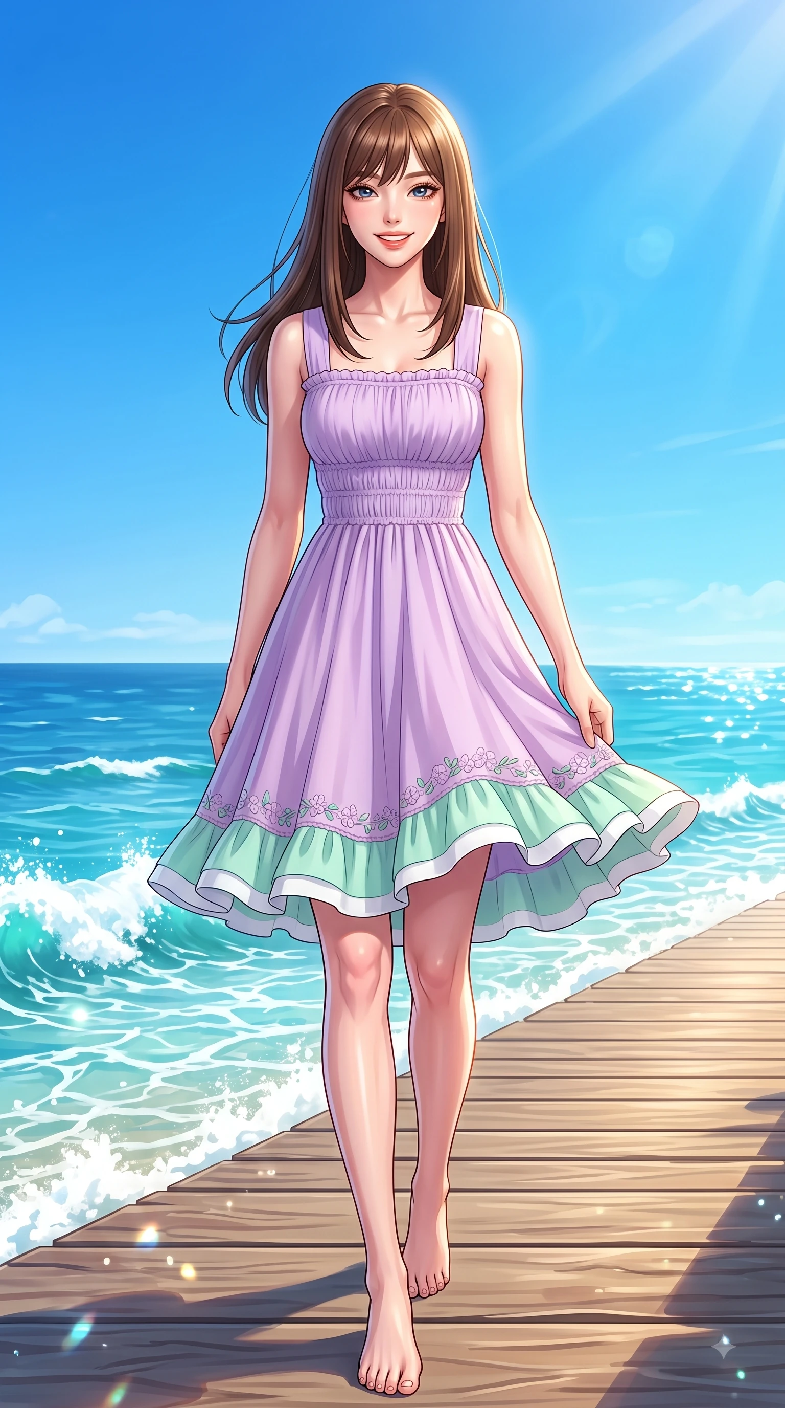 score_9, masterpiece, best quality, ultra-detailed, high-budget anime keyframe, editorial fashion photography, tasteful artistic composition, Korean woman. low angle full-body shot from head to toe showing her feet, filling the entire 9:16 vertical frame with her statuesque presence, stretching her vertical silhouette. walking forward in a proud dynamic stride with a cheerful beaming smile, her vertical silhouette filling the frame while taking a stroll along a quiet island seaside path as golden sunlight illuminates her fresh beauty. The surrounding environment is rendered in vivid detail and crisp panoramic clarity. vibrant sea foam crests, coastal boardwalk wooden planks, and crisp blue skies in panoramic clarity. She has an absolutely perfect, statuesque 8.5-heads proportion, an exceptionally tall and slender model-like female figure with impossibly long slender legs and an ultra-slim waist. sharp v-shaped jawline, high-bridge nose, intricate jewel-like eyes with depth, thick eyelashes, glossy lips with a natural sheen, flawlessly proportioned anatomical accuracy, natural body alignment, perfectly sculpted elegant limbs, clean dynamic posture without body distortion. wearing a romantic lilac square-neck sundress with soft smocked bodice and fluttery hem in refreshing mint green and crisp white, made of fine lightweight chiffon that flutters gently in the breeze, complemented by delicate embroidered floral trim along the hem, the tailored casual silhouette highlighting her fresh and youthful presence. bathed in brilliant tropical sunshine and glittering ocean water refractions. highly saturated vibrant anime colors, detailed shading with soft gradients, rich glossy textures, high-contrast stereoscopic depth, volumetric dynamic lighting, master piece, 9:16 ratio