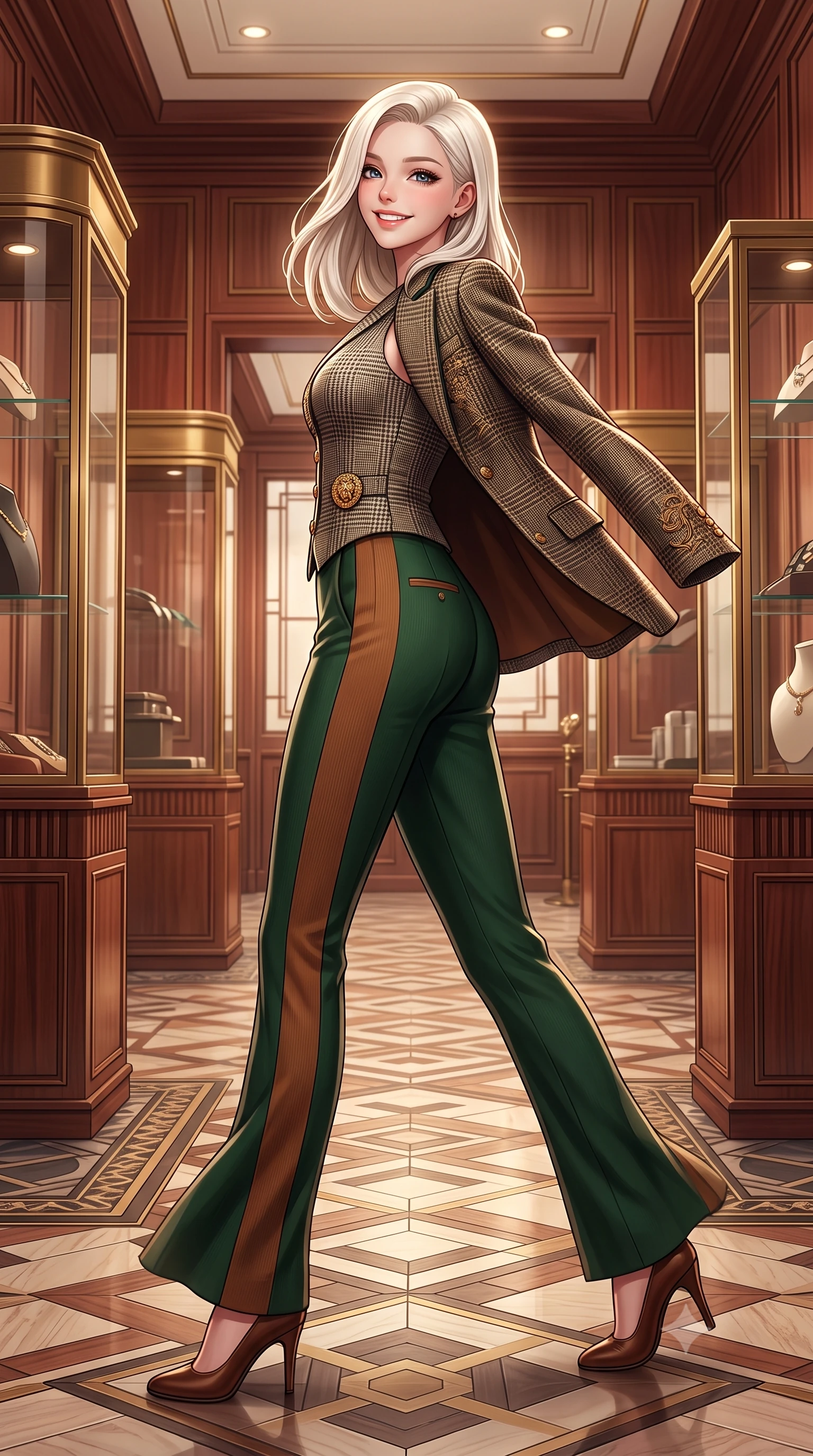 score_9, masterpiece, best quality, ultra-detailed, high-budget anime keyframe, semi-realistic 3D game render, editorial fashion photography, tasteful artistic composition, Caucasian woman. low angle full-body shot from head to toe showing her feet, filling the entire 9:16 vertical frame with her statuesque presence, stretching her vertical silhouette. executing an elegant pivot turn as the hem of her form-fitting knit sways rhythmically, glancing back with joyful radiance and seductive allure while walking through the 1920s-inspired Ginza salon past brass-framed vitrines, turning with magnetic cosmopolitan charm. The surrounding environment is rendered in vivid detail and crisp panoramic clarity: detailed embroidered wool blazer lapels, tailored cigarette trousers, and Taisho-modernist architectural craftsmanship in razor-sharp precision. She has an exceptionally tall and slender model-like 8.5-heads proportion, an ultra-slim waist, a flat toned midriff, narrow delicate ribcage, and beautifully sculpted feminine hips creating a graceful, slim hourglass silhouette without any bulky heaviness, with impossibly long slender legs. sharp v-shaped jawline, high-bridge nose, intricate jewel-like sparkling eyes with depth, thick eyelashes, glossy parted lips with a natural peach sheen, bright cheerful beaming smile with an enchanting and coquettish sensual glint, exuding both youthful cute charm and seductive allure, flawlessly proportioned anatomical accuracy, strict slender model proportions, natural body alignment, perfectly sculpted long slender limbs, ultra-slim waistline, clean dynamic posture without body distortion. wearing a sleek Prince of Wales check tailored vest bodice hugging her torso, paired with matching ultra-high-rise cigarette trousers in heritage British racing green and warm cognac brown, tailored from form-contouring ribbed merino wool hugging her torso like a second skin, accented with an ornate 24k gold lion-embossed crest button along the snug front closure, the second-skin tailored fabric adhering flawlessly to her sculpted flat midriff and slender torso, emphasizing her long leg lines and perfectly proportioned willowy build. illuminated by rosewood wall and brass reflection bounce with crisp champagne rim lights defining her cheekbones and slender waist. highly saturated vibrant anime colors, detailed shading with soft gradients, rich glossy textures, high-contrast stereoscopic depth, volumetric dynamic lighting, master piece, 9:16 ratio