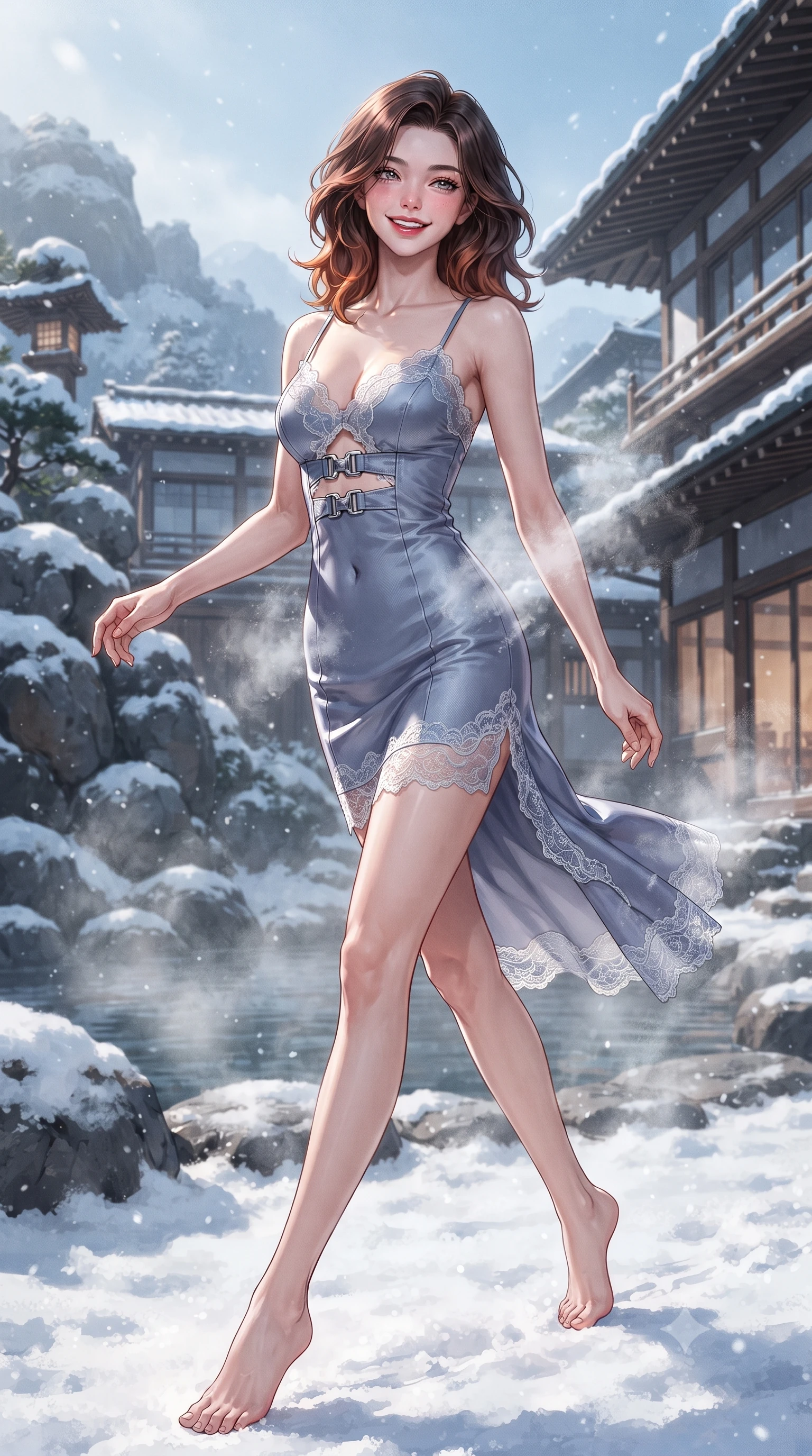 score_9, masterpiece, best quality, ultra-detailed, high-budget anime keyframe, editorial fashion photography, tasteful artistic composition, Korean woman. low angle full-body shot from head to toe showing her feet, filling the entire 9:16 vertical frame with her statuesque presence, stretching her vertical silhouette. stepping forward gracefully across the snow terrace in mid-motion with a radiant beaming smile, hips swaying in an alluring kinetic rhythm that accentuates her curvy hourglass silhouette and long slender legs while twisting her slender torso in an alluring contrapposto stance, rising mineral steam and snow flurries curling around her narrow waist and curvy hips. The surrounding environment is rendered in vivid detail and crisp panoramic clarity. detailed loungewear weave, glowing flushed cheeks, and traditional Japanese mountain onsen craftsmanship in high resolution. She has an exceptionally tall and slender model-like 8.5-heads proportion, an ultra-slim waist, a flat toned midriff, narrow delicate ribcage, and beautifully sculpted feminine hips creating a graceful, slim hourglass silhouette without any bulky heaviness, with impossibly long slender legs. sharp v-shaped jawline, high-bridge nose, sparkling ice-crystal eyes with depth, frosty thick lashes, glossy parted lips with a rosy berry sheen, bright playful smile with an intoxicating seductive glint, rosy flushed cheeks radiating cozy warmth and dangerous allure, flawlessly proportioned anatomical accuracy, strict slender model proportions, natural body alignment, perfectly sculpted long slender limbs, ultra-slim waistline, clean dynamic posture without body distortion. wearing a strappy silver silk slip dress with delicate lace scallop edging along the neckline and hem in dusty periwinkle blue and cloud white, tailored from crisp technical ski fabric with clean aerodynamic lines, accented with sculptural chrome hardware buckles framing the subtle cutouts, the form-contouring cut accentuating her sculpted flat midriff, narrow delicate ribcage, and gracefully curvy hips with alpine supermodel elegance. illuminated by steaming spring water caustics and crisp silver rim lighting sharply carving her razor-sharp jawline, narrow waist, and curvy hips. ultra-reflective glossy finish, specular highlights, rich textural contrasts, high-contrast stereoscopic depth, volumetric dynamic lighting, 2k, ultra detail, master piece, 9:16 ratio