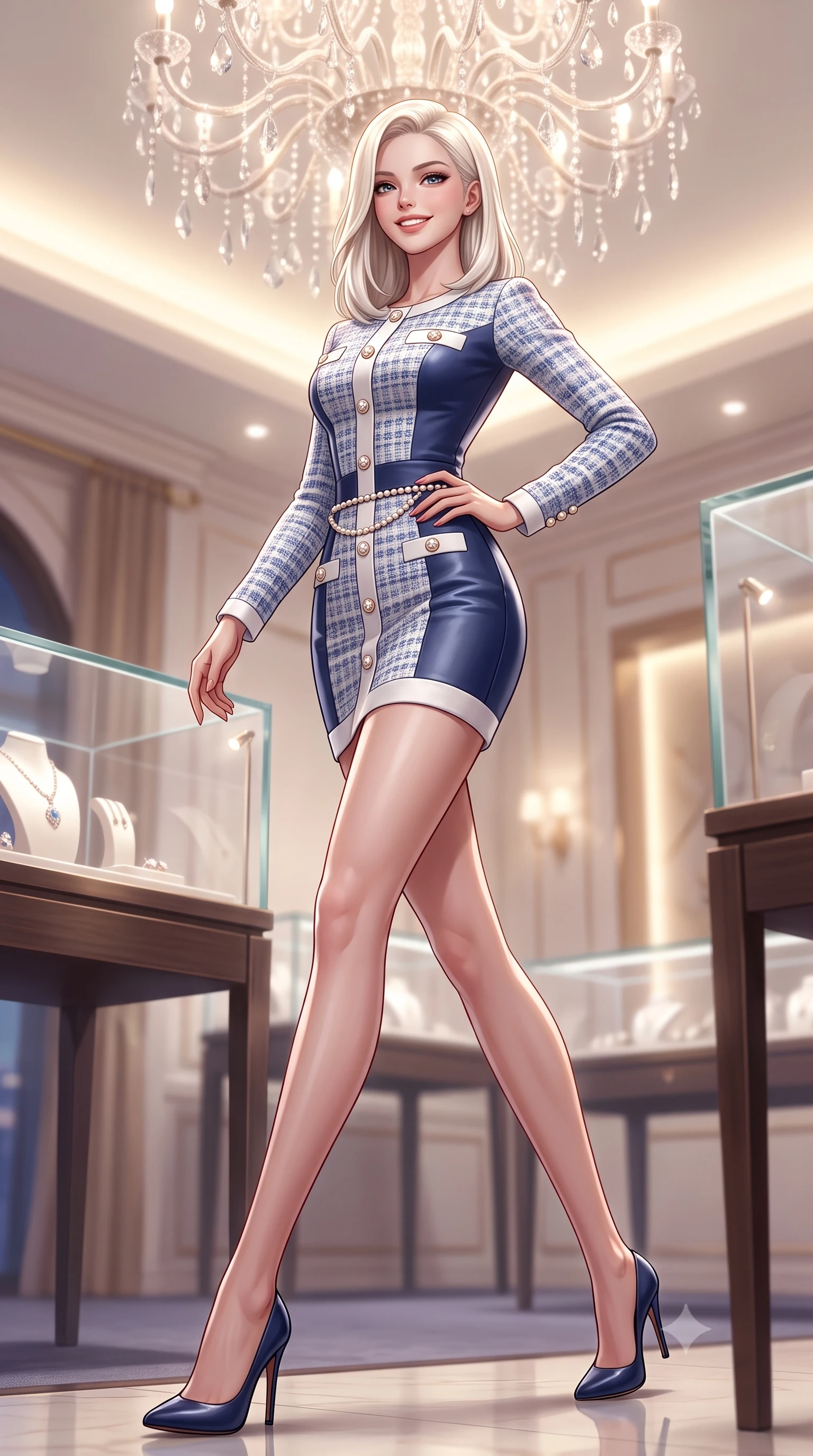 score_9, masterpiece, best quality, ultra-detailed, high-budget anime keyframe, semi-realistic 3D game render, editorial fashion photography, tasteful artistic composition, Caucasian woman. low angle full-body shot from head to toe showing her feet, filling the entire 9:16 vertical frame with her statuesque presence, stretching her vertical silhouette. walking briskly with tall supermodel strides, one hand placed on her narrow hip, her impossibly long slender legs commanding the frame while standing poised in the center of the palatial boutique salon beneath a cascading crystal chandelier, flashing a chic supermodel smile. The background shows a soft-focus glass display cases with luxury jewels softened in opulent Parisian palace shallow focus. She has an exceptionally tall and slender model-like 8.5-heads proportion, an ultra-slim waist, a flat toned midriff, narrow delicate ribcage, and beautifully sculpted feminine hips creating a graceful, slim hourglass silhouette without any bulky heaviness, with impossibly long slender legs. sharp v-shaped jawline, high-bridge nose, intricate jewel-like sparkling eyes with depth, thick eyelashes, glossy parted lips with a natural peach sheen, bright cheerful beaming smile with an enchanting and coquettish sensual glint, exuding both youthful cute charm and seductive allure, flawlessly proportioned anatomical accuracy, strict slender model proportions, natural body alignment, perfectly sculpted long slender limbs, ultra-slim waistline, clean dynamic posture without body distortion. wearing a form-contouring pastel bouclé tweed bodycon mini dress with structured waist darts and decorative pearl buttons in French navy blue and crisp alabaster white, crafted from buttery-soft stretch lambskin leather adhering to her body like a second skin, accented with a dainty pearl waist chain catching the ambient sunlight across her sculpted waistline, the snug waist-cinching tailoring accentuating her ultra-slim waistline and the enchanting curve of her feminine hips with alluring seductive charm. bathed in brilliant 3500K warm-white cove illumination and glittering multi-faceted crystal chandelier reflections. highly saturated vibrant anime colors, detailed shading with soft gradients, rich glossy textures, high-contrast stereoscopic depth, volumetric dynamic lighting, master piece, 9:16 ratio