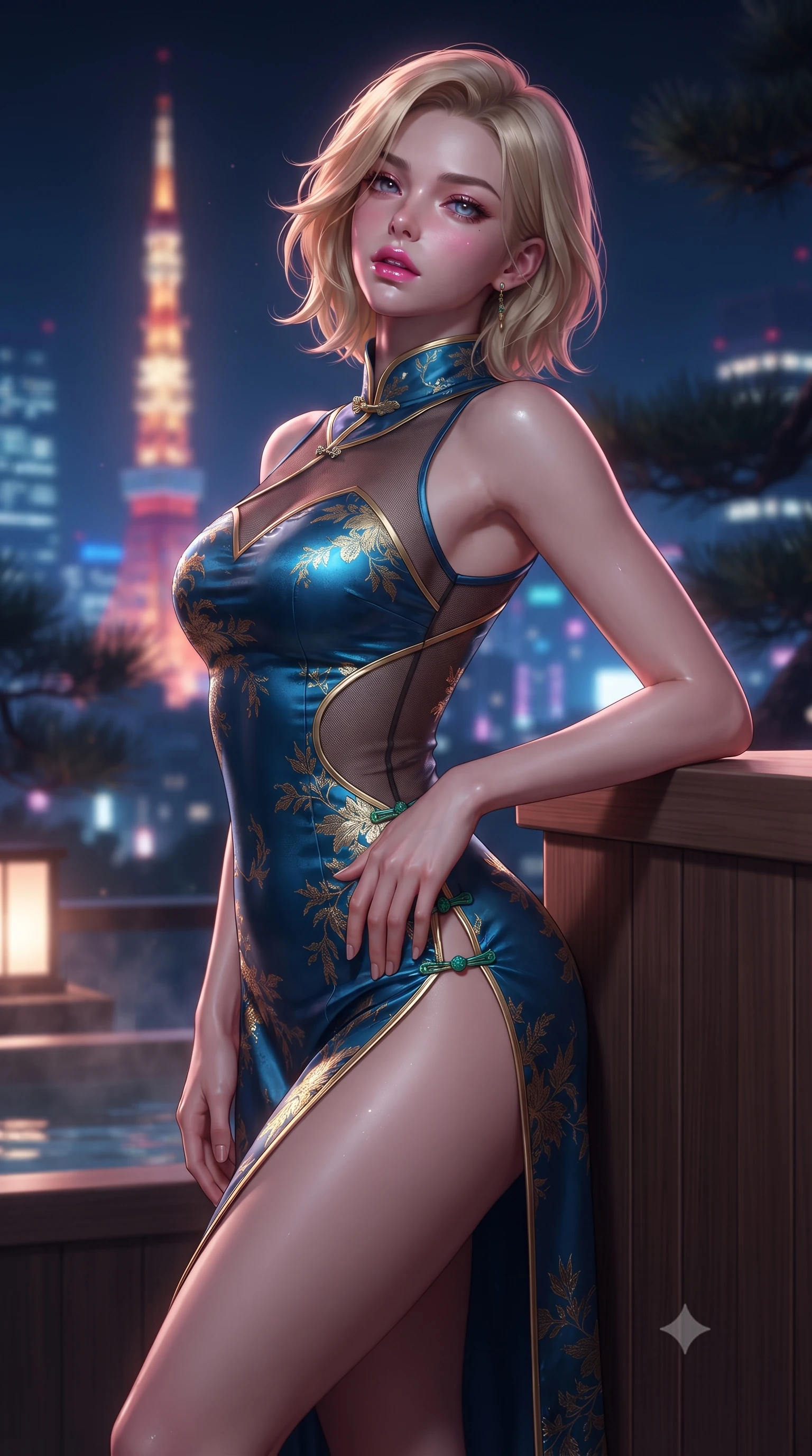 score_9, masterpiece, best quality, ultra-detailed, high-budget anime keyframe, editorial fashion photography, tasteful artistic composition, Caucasian woman. close-up cowboy shot from the waist and thighs up, the character dominates the composition, filling the frame with her large presence. arching her spine backward with effortless dancer poise, one hand sliding along her hip line as directional light carves specular highlights along her silhouette while leaning back against a cedar bath partition overlooking glowing Tokyo skyscrapers, parted glossy lips reflecting pink neon lights. The composition keeps background elements in soft focus with creamy bokeh. distant Tokyo Tower neon lights and dark pine branches softened in dreamy nocturnal shallow focus. She has an exceptionally elegant, slender, and willowy female figure with an ultra-slim waist, a gracefully sculpted slender torso, toned flat midriff, and rounded feminine hips creating an alluring hourglass silhouette. sharp v-shaped jawline, high-bridge nose, intricate jewel-like eyes with depth, thick eyelashes, glossy parted lips with a natural sheen, intensely captivating and seductive bedroom-eyes expression, flawlessly proportioned anatomical accuracy, strict slender model proportions, natural body alignment, perfectly sculpted long slender limbs, ultra-slim waistline, clean dynamic posture without body distortion. wearing a wet-look silk fusion wrap dress with asymmetrical sheer mesh cutouts and high Mandarin collar in deep azure blue and gold leaf embroidery, woven from lightweight fluid silk brocade with woven gold thread, finished with an ultra-high side slit secured by miniature jade clasps, the form-contouring material adhering flawlessly to her sculpted flat midriff and slender torso, emphasizing her long leg lines and perfectly proportioned willowy build. surrounded by an intimate, tranquil, and deeply sensual Japanese skylounge muse aura. ultra-reflective glossy finish, specular highlights, rich textural contrasts, high-contrast stereoscopic depth, volumetric dynamic lighting, 2k, ultra detail, master piece, 9:16 ratio