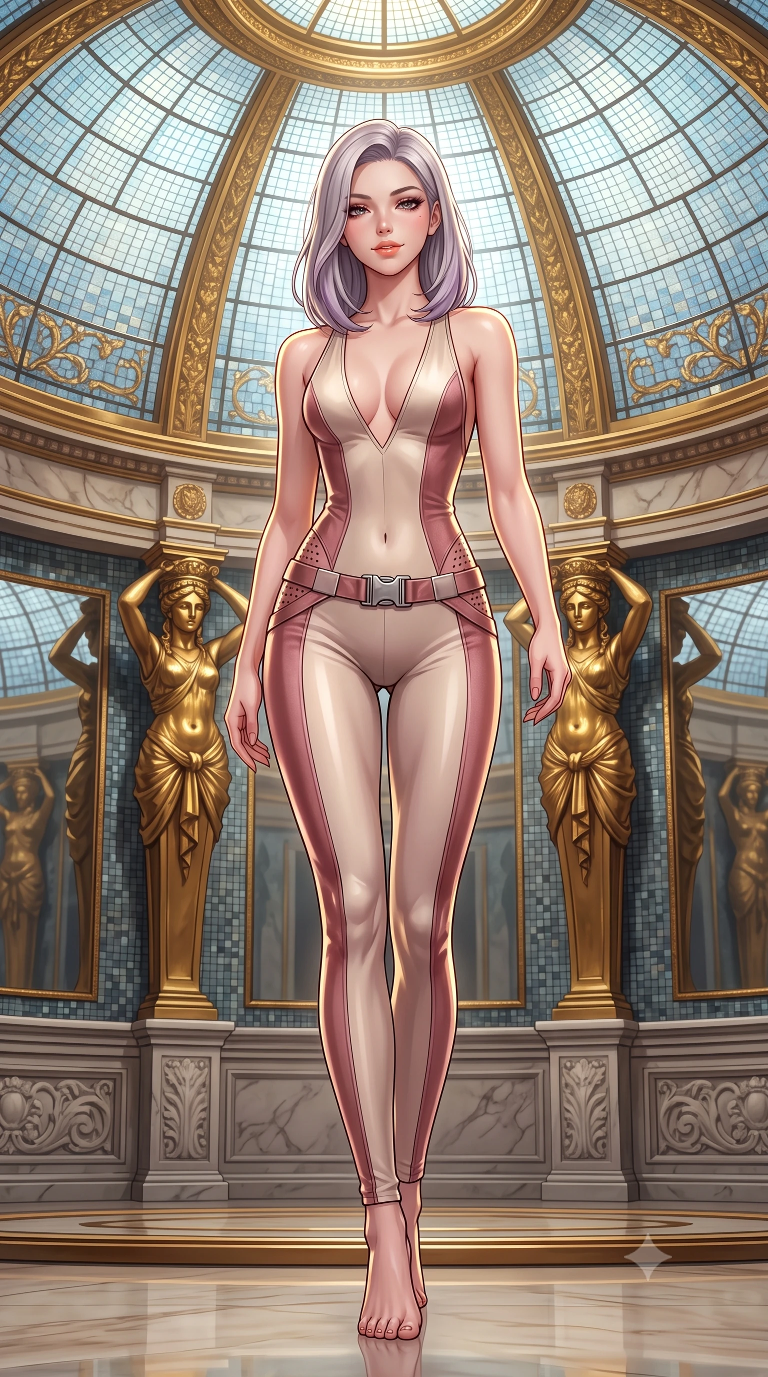 score_9, masterpiece, best quality, ultra-detailed, high-budget anime keyframe, semi-realistic 3D game render, editorial fashion photography, tasteful artistic composition, Caucasian woman. low angle full-body shot from head to toe showing her feet, filling the entire 9:16 vertical frame with her statuesque presence, stretching her vertical silhouette. stepping slowly toward the camera with hypnotic grace, hips swaying in an alluring sensual rhythm that accentuates her curvy hourglass silhouette and long slender legs while standing centered in the circular salon under the mosaic dome, arching her spine with breathtaking classical sculpture grace. The surrounding environment is rendered in vivid detail and crisp panoramic clarity: sharp glass mosaic tesserae reflections, gilded bronze caryatid facial features, and marble base carvings in deep focus. She has an absolutely perfect, statuesque 8.5-heads proportion, an exceptionally tall and slender model-like female figure with impossibly long slender legs, an ultra-slim waist, a flat toned midriff, narrow delicate ribcage, and beautifully sculpted feminine hips creating a graceful, slim hourglass silhouette without any bulky heaviness. sharp v-shaped jawline, high-bridge nose, sparkling eyes with hypnotic seductive depth, thick curled eyelashes, glossy parted lips with a natural dewy peach sheen, alluring bedroom-eyes with an enchanting coquettish smile, exuding magnetic siren charisma and sophisticated glamour, flawlessly proportioned anatomical accuracy, strict slender model proportions, natural body alignment, perfectly sculpted long slender limbs, ultra-slim waistline, clean dynamic posture without body distortion. wearing a backless plunge-front second-skin stealth jumpsuit with fluid tapered legs and laser-cut hip ventilation in powder champagne cream and dusty rose velvet, crafted from second-skin technical compression fabric with moisture-wicking stretch, accented with a quick-release tactical chrome buckle harness resting snugly across her hips, the second-skin tailored fabric adhering flawlessly to her sculpted flat midriff and slender torso, emphasizing her long leg lines and perfectly proportioned willowy build. illuminated by polished floor bounce and sharp warm-gold rim lights sculpting her jawline, narrow waist, and curvy hips. highly saturated vibrant anime colors, detailed shading with soft gradients, rich glossy textures, high-contrast stereoscopic depth, volumetric dynamic lighting, master piece, 9:16 ratio