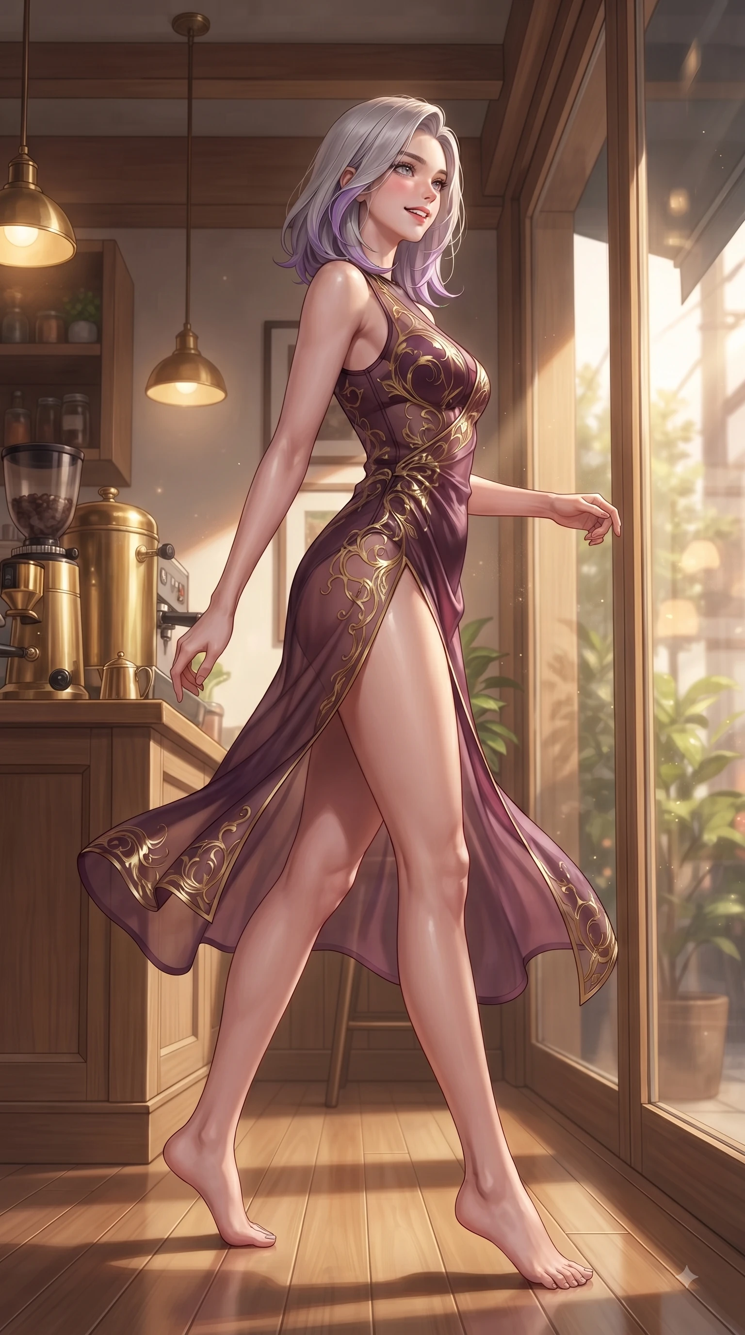 score_9, masterpiece, best quality, ultra-detailed, high-budget anime keyframe, editorial fashion photography, tasteful artistic composition, Caucasian woman. low angle full-body shot from head to toe showing her feet, filling the entire 9:16 vertical frame with her statuesque presence, stretching her vertical silhouette. pivoting dynamically in mid-motion with a delighted cute expression, displaying her perfect model proportions while looking out a large glass window with a tender cute smile as golden afternoon light streams in, warm oak wood interior and brass coffee machines reflecting soft golden ambient lamps. She has an absolutely perfect, statuesque 8.5-heads proportion, an exceptionally tall and slender model-like female figure with impossibly long slender legs and an ultra-slim waist. sharp v-shaped jawline, high-bridge nose, intricate jewel-like eyes with depth, thick eyelashes, glossy lips with a natural sheen, flawlessly proportioned anatomical accuracy, natural body alignment, perfectly sculpted elegant limbs, clean dynamic posture without body distortion. wearing a semi-opaque sheer overlay dress over a leather micro-bodysuit in plum purple and gold filigree, crafted from lustrous satin jersey with fluid draping, finished with a sleek side slit ascending to mid-thigh, the elegant draped fit framing her graceful clavicle and slender torso. illuminated by soft glowing amber indoor lamps and gentle greenery reflections. ultra-reflective glossy finish, specular highlights, metallic sheen, high-contrast stereoscopic depth, volumetric dynamic lighting, 2k, ultra detail, master piece, 9:16 ratio