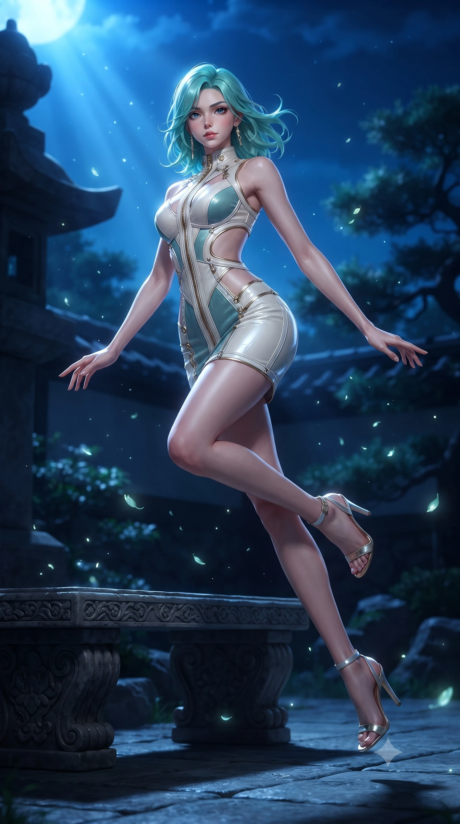 score_9, masterpiece, best quality, ultra-detailed, high-budget anime keyframe, editorial fashion photography, tasteful artistic composition, Japanese woman. low angle full-body shot from head to toe showing her feet, filling the entire 9:16 vertical frame with her statuesque presence, stretching her vertical silhouette. leaping dynamically through the luminous sky, her posture full of power and elegance, resting on a stone garden bench surrounded by floating bioluminescent pollen, dark stone architecture and shadowy garden trees in soft background focus. She has an absolutely perfect, statuesque 8.5-heads proportion, an exceptionally tall and slender model-like female figure with impossibly long slender legs and an ultra-slim waist. sharp v-shaped jawline, high-bridge nose, intricate jewel-like eyes with depth, thick eyelashes, glossy lips with a natural sheen. wearing dramatic open-waist cutout mini dress in opal velvet framed by chrome hardware in pearl white, made of polished ivory leather, finished with metallic gold boning and sleek zipper points, highlighting her statuesque proportions and ultra-slim waistline. lit by quiet moonlit key rays piercing through dark garden foliage. ultra-reflective glossy finish, specular highlights, metallic sheen, high-contrast stereoscopic depth, volumetric dynamic lighting, 2k, ultra detail, master piece, 9:16 ratio