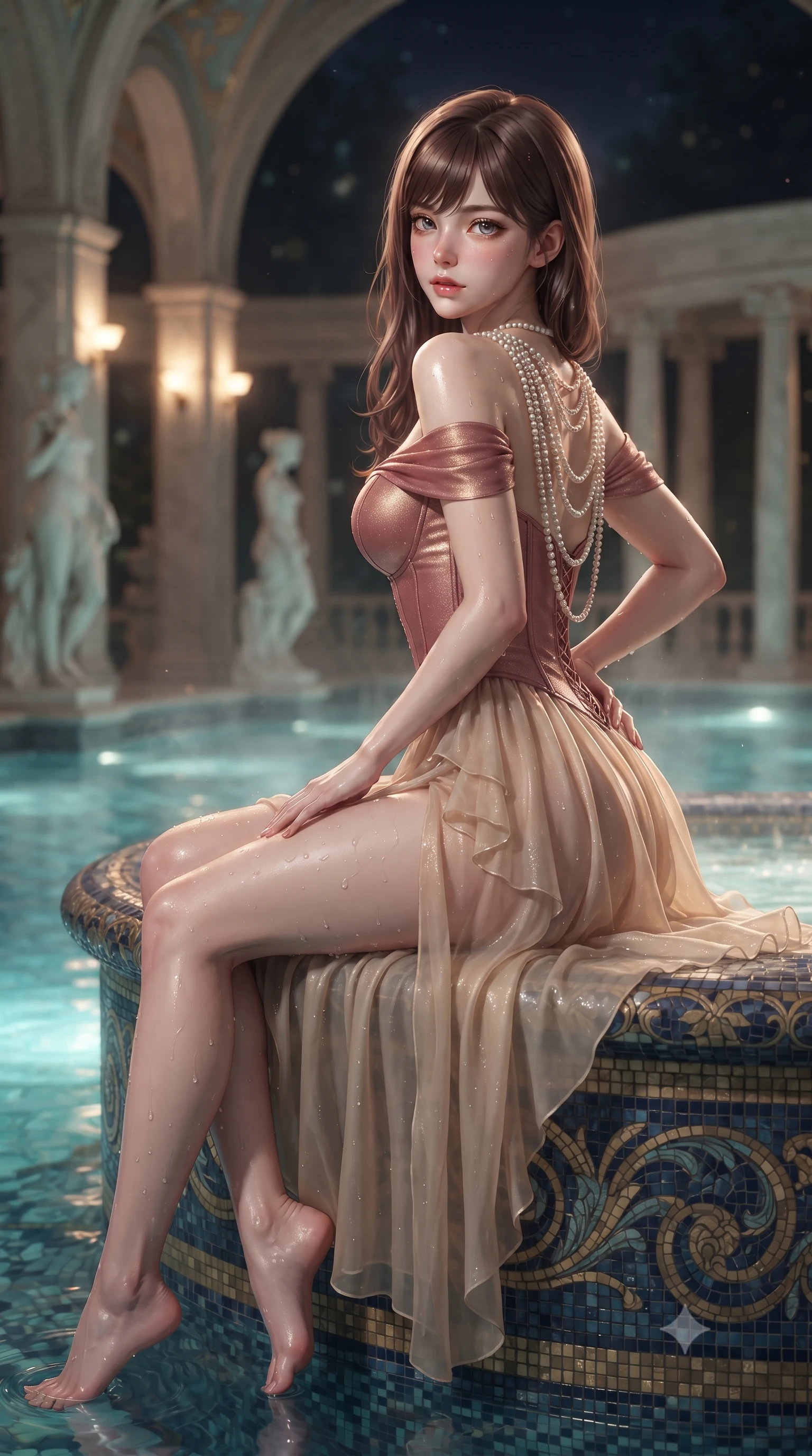 score_9, masterpiece, best quality, ultra-detailed, high-budget anime keyframe, editorial fashion photography, tasteful artistic composition, Korean woman. close-up cowboy shot from the waist and thighs up, the character dominates the composition, filling the frame with her large presence. resting one manicured hand delicately on her hip bone, her upper body turning in a fluid, seductive S-curve while parted lips glisten in the light while sitting on the carved mosaic rim of a thermal mineral pool beneath soaring Art Nouveau arches, water droplets beading on her curvy hips as she looks back. The composition keeps background elements in soft focus with creamy bokeh. classical marble pool statues and colonnades softened in dreamy nocturnal shallow focus. She has an exceptionally elegant, slender, and willowy female figure with an ultra-slim waist, flat toned midriff, narrow ribcage, and sculpted feminine hips creating an alluring, slim hourglass silhouette without bulk. sharp v-shaped jawline, high-bridge nose, intricate jewel-like eyes with depth, thick eyelashes, glossy parted lips with a natural sheen, intensely captivating and seductive bedroom-eyes expression, flawlessly proportioned anatomical accuracy, strict slender model proportions, natural body alignment, perfectly sculpted long slender limbs, ultra-slim waistline, clean dynamic posture without body distortion. wearing an off-shoulder French court corset bodice dress paired with a tiered translucent chiffon slit skirt in dusky blush rose and champagne shimmer, tailored from water-resistant treated wool gabardine and flexible stretch silk, accented with a multi-strand pearl back necklace cascading down her bare spine to her hips, the glove-like aerodynamic silhouette tightly following the natural contour of her hips and long slender legs with statuesque 8.5-heads elegance. bathed in soft underwater turquoise pool illumination and warm golden stone sconce uplights. ultra-reflective glossy finish, specular highlights, rich textural contrasts, high-contrast stereoscopic depth, volumetric dynamic lighting, 2k, ultra detail, master piece, 9:16 ratio