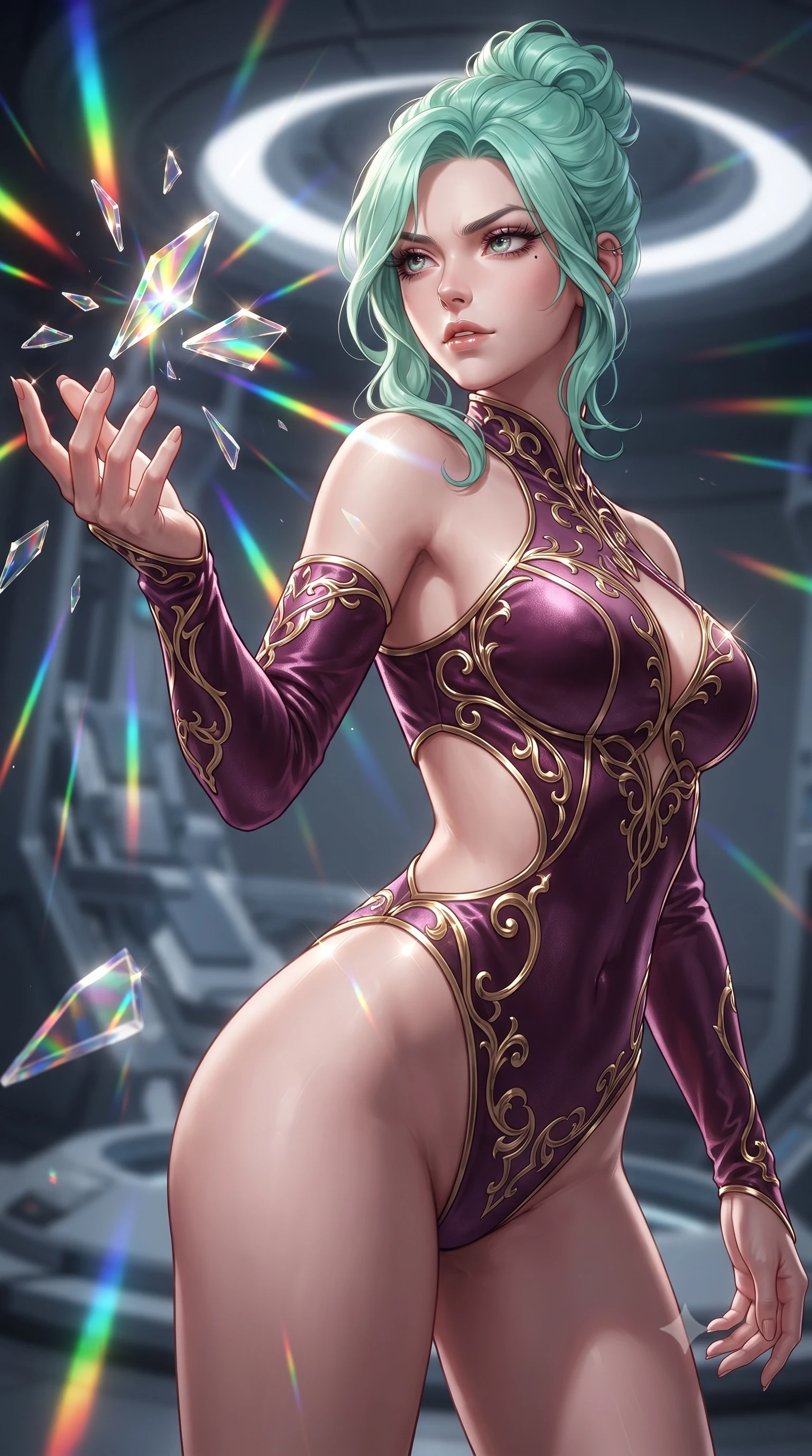 score_9, masterpiece, best quality, ultra-detailed, high-budget anime keyframe, editorial fashion photography, tasteful artistic composition, Japanese woman. close-up cowboy shot from the waist and thighs up, the character dominates the composition, filling the frame with her large presence, background elements kept in soft focus. Pivoting sharply while looking back over her shoulder with heavy lashes and a confident, intense gaze while reaching her hand forward to catch floating glass kaleidoscope shards hovering in zero-gravity, shattered glass prisms scattering intense rainbow light rays across her athletic build. She has an exceptionally elegant, slender, and willowy female figure with an ultra-slim waist, a gracefully sculpted slender torso, and a refined silhouette. sharp v-shaped jawline, high-bridge nose, intricate jewel-like eyes with depth, thick eyelashes, glossy lips with a natural sheen, flawlessly proportioned anatomical accuracy, natural body alignment, perfectly sculpted elegant limbs, clean dynamic posture without body distortion. wearing an asymmetrical high-cut tech-bodysuit with detached sleeves in plum purple and gold filigree, made of premium stretch velvet with a rich sheen, featuring clean architectural cutouts along her slender torso, the elegant draped fit framing her graceful clavicle and slender torso. illuminated by high-contrast studio spotlights with ultra-bright specular highlights. ultra-reflective glossy finish, specular highlights, metallic sheen, high-contrast stereoscopic depth, volumetric dynamic lighting, 2k, ultra detail, master piece, 9:16 ratio