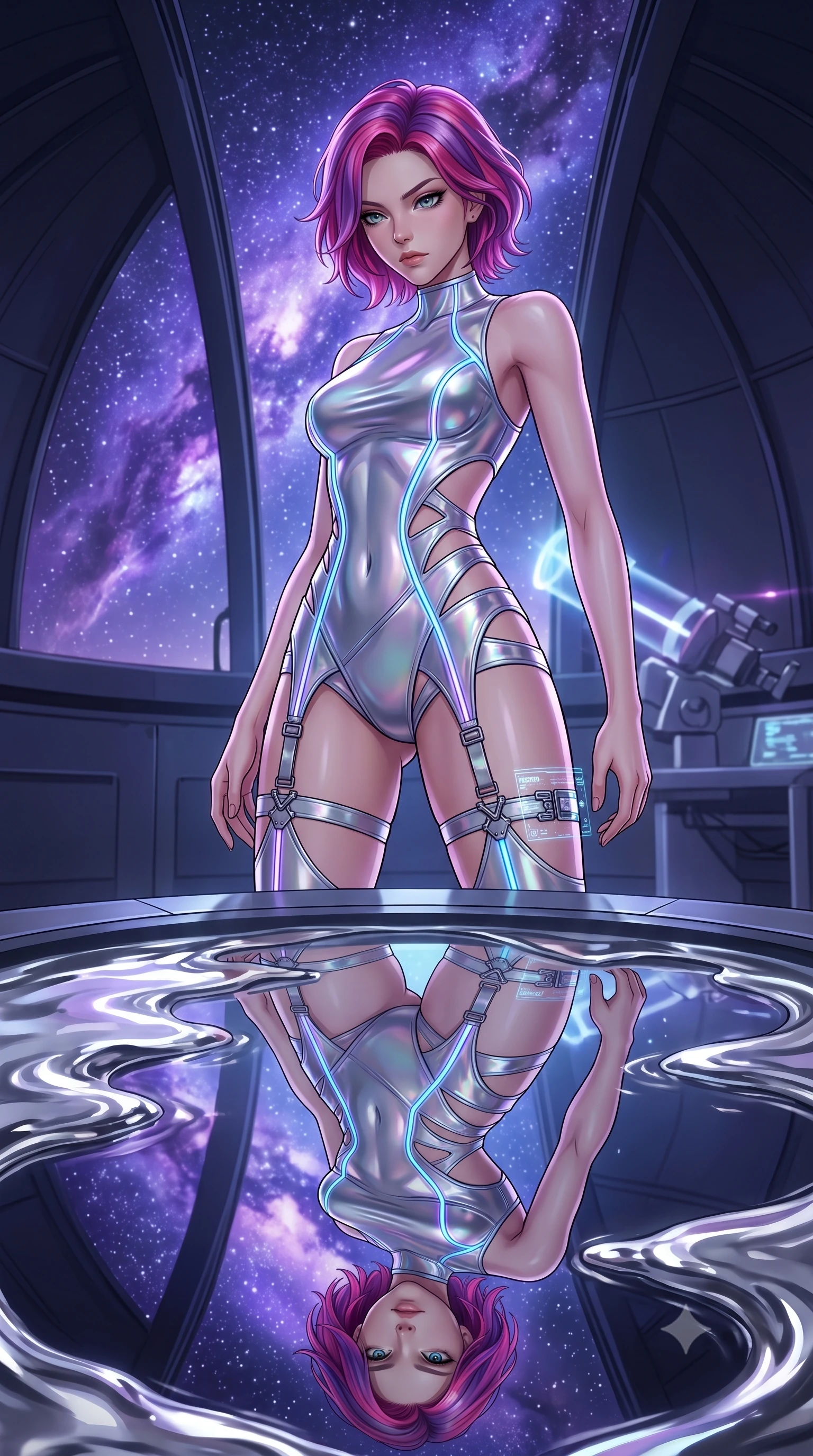 score_9, masterpiece, best quality, ultra-detailed, High-budget Anime Keyframe, Caucasian woman, strictly human ears. Low angle cowboy shot filling the entire 9:16 frame with her statuesque presence. Scenario 279: gazing at her reflection in a pool of liquid silver in a high-altitude observatory dome under a swirling violet nebula. Her presence is magnetic and overpowering in this high-budget anime scene. Outfit 279: a tailored molten liquid silk garter with a strategic side cut-outs and glowing LED seams. The clothing is designed to emphasize her exceptionally tall and slender 8-heads proportion. 8-heads proportion, towering silhouette, ultra-slim waist. sharp v-shaped jawline, intricate jewel-like eyes with depth, thick eyelashes, glossy lips. 2k, ultra detail, master piece, 9:16 ratio