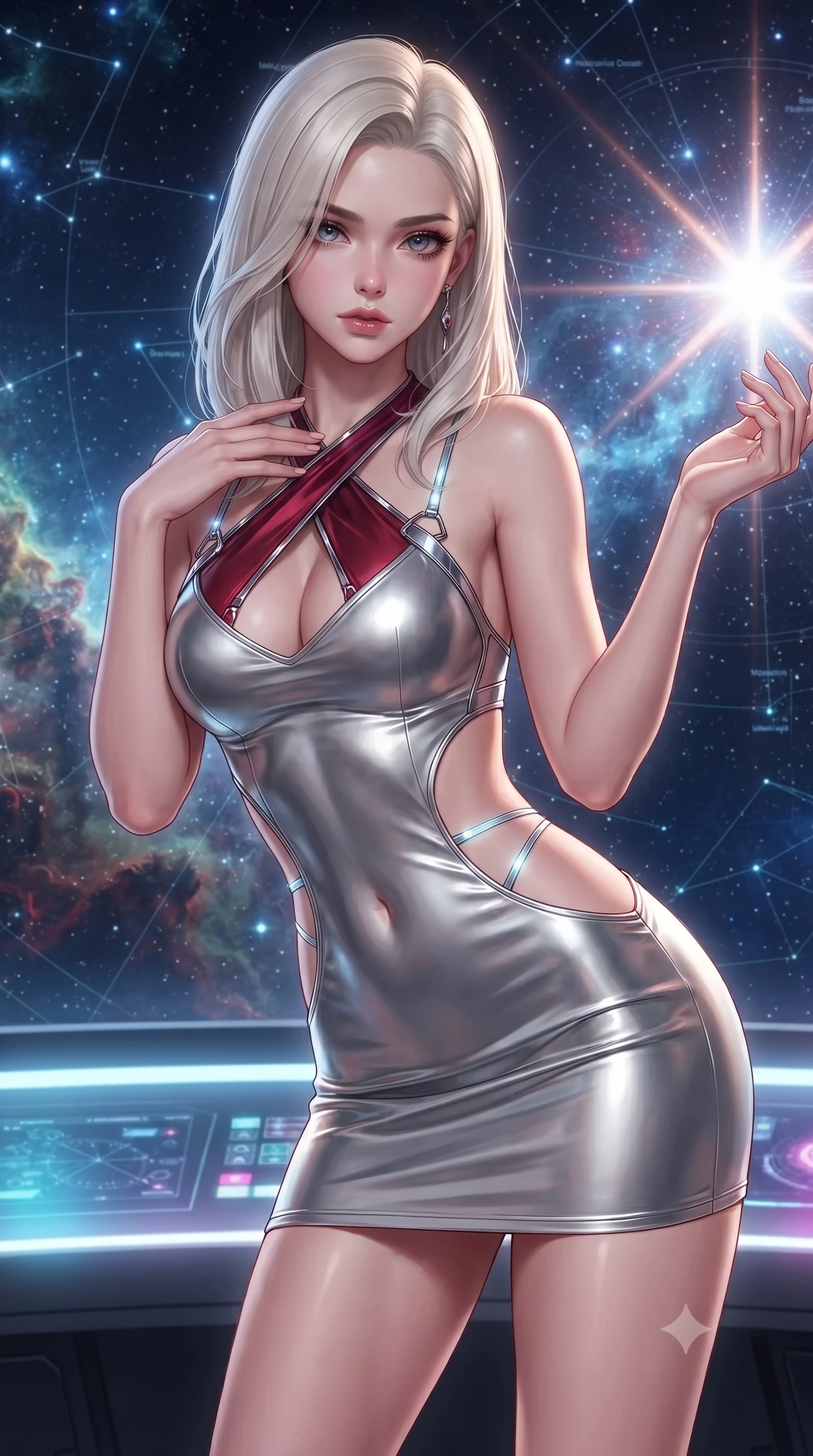 score_9, masterpiece, best quality, ultra-detailed, high-budget anime keyframe, editorial fashion photography, tasteful artistic composition, Caucasian woman. close-up cowboy shot from the waist and thighs up, the character dominates the composition, filling the frame with her large presence. leaning forward with a dangerous, enticing smolder, resting one hand near her collarbone while casting a fiery, magnetic direct gaze while extending one arm gracefully toward the exploding celestial star with an ethereal, smoldering expression. The surrounding environment is rendered in vivid detail and crisp panoramic clarity. sharp panoramic viewport framing, celestial gas filament textures, and holographic star charts in high resolution. She has an exceptionally elegant, slender, and willowy female figure with an ultra-slim waist, a gracefully sculpted slender torso, and a refined silhouette. sharp v-shaped jawline, high-bridge nose, intricate jewel-like eyes with depth, thick eyelashes, glossy lips with a natural sheen, flawlessly proportioned anatomical accuracy, natural body alignment, perfectly sculpted elegant limbs, clean dynamic posture without body distortion. wearing a molten silver liquid-metal mini dress featuring deep side-waist cutouts and a daring crossover halter neckline in deep ruby red and polished chrome accents, made of liquid metal jersey that clings flawlessly to every contour of her build, reinforced by a sleek metallic chrome harness and delicate glowing micro-straps, the daring cutouts accentuating her delicate midriff, graceful collarbones, and feminine contour. illuminated by glowing holographic console uplights and sharp starlight rim highlights. ultra-reflective glossy finish, specular highlights, metallic sheen, high-contrast stereoscopic depth, volumetric dynamic lighting, 2k, ultra detail, master piece, 9:16 ratio