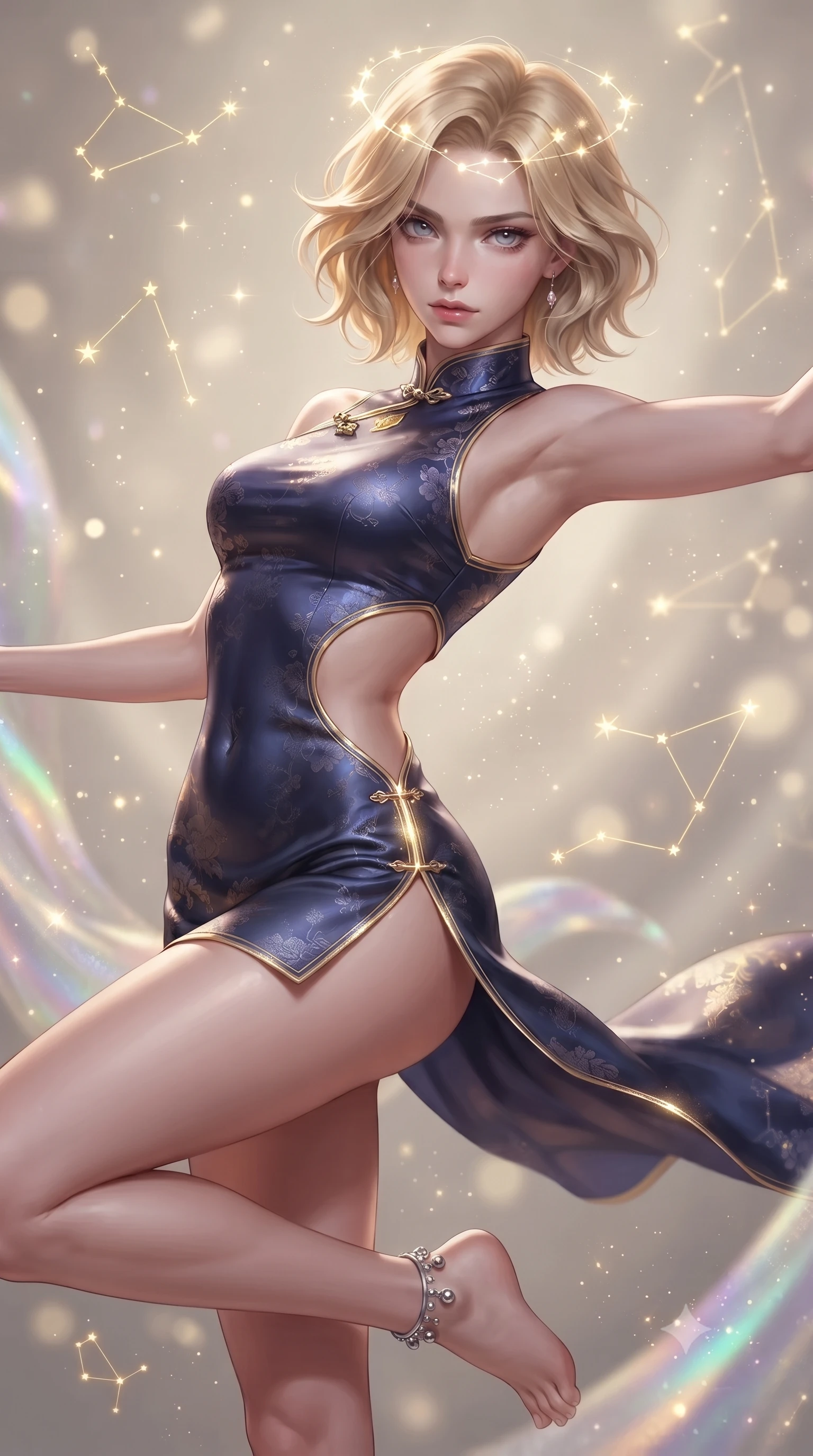 score_9, masterpiece, best quality, ultra-detailed, high-budget anime keyframe, editorial fashion photography, tasteful artistic composition, Caucasian woman. close-up cowboy shot from the waist and thighs up, the character dominates the composition, filling the frame with her large presence. radiating intense magnetic charisma with jewel-like eyes locked onto the viewer, her upper body turning in a dynamic, fluid S-curve while pivoting dynamically in mid-air with an athletic yet alluring arch of her spine, weaving through floating golden constellations. The composition keeps background elements in soft focus with creamy bokeh. glowing starlight flecks and iridescent fabric sparkles scattering cosmic radiant light motes. She has an exceptionally elegant, slender, and willowy female figure with an ultra-slim waist, a gracefully sculpted slender torso, toned flat midriff, and a refined slim silhouette. sharp v-shaped jawline, high-bridge nose, intricate jewel-like eyes with depth, thick eyelashes, glossy lips with a natural sheen, captivating and magnetic expression, flawlessly proportioned anatomical accuracy, strict slender model proportions, natural body alignment, perfectly sculpted long slender limbs, ultra-slim waistline, clean dynamic posture without body distortion. wearing a futuristic embroidered qipao mini dress with glowing fiber-optic seams and side cutouts in midnight indigo and glowing starlight gold, made of liquid-smooth silk satin with subtle floral jacquard, accented with dainty silver ankle bells and a glowing constellation circlet, the precision-cut daring openings accentuating her delicate midriff, graceful bare collarbones, and ultra-slim feminine waistline. surrounded by an immortal, transcendent, and breathtakingly majestic cosmos empress aura. ultra-reflective glossy finish, specular highlights, rich textural contrasts, high-contrast stereoscopic depth, volumetric dynamic lighting, 2k, ultra detail, master piece, 9:16 ratio