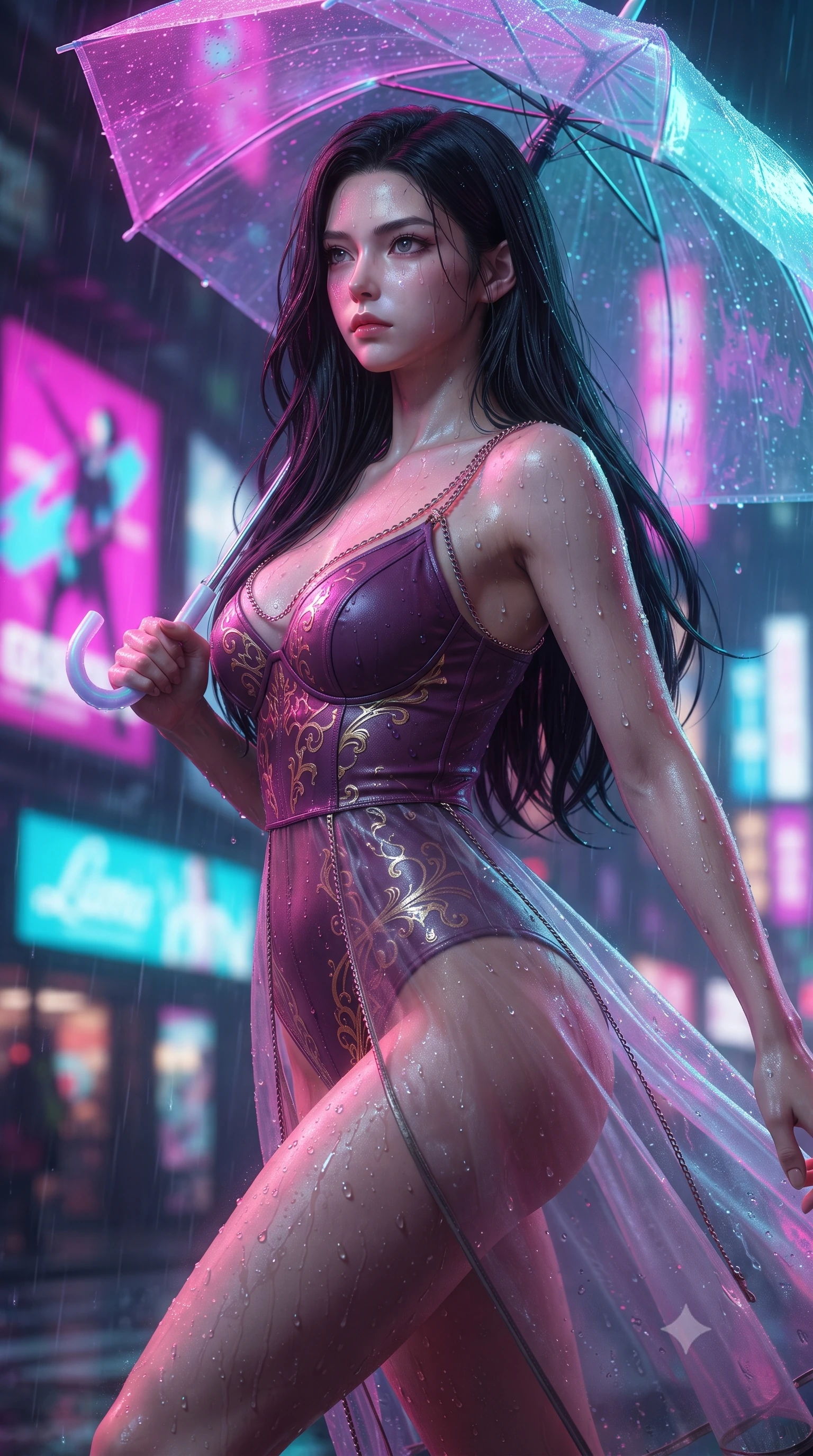 score_9, masterpiece, best quality, ultra-detailed, high-budget anime keyframe, editorial fashion photography, tasteful artistic composition, Korean woman. close-up cowboy shot from the waist and thighs up, the character dominates the composition, filling the frame with her large presence, background elements kept in soft focus. Gazing past the lens with composed intensity as her torso curves dynamically in mid-motion while holding a glowing translucent umbrella under vibrant magenta and cyan billboards, rain droplets glistening on skin and clothing with colorful neon reflections. She has an exceptionally elegant, slender, and willowy female figure with an ultra-slim waist, a gracefully sculpted slender torso, and a refined silhouette. sharp v-shaped jawline, high-bridge nose, intricate jewel-like eyes with depth, thick eyelashes, glossy lips with a natural sheen, flawlessly proportioned anatomical accuracy, natural body alignment, perfectly sculpted elegant limbs, clean dynamic posture without body distortion. wearing a semi-opaque sheer overlay dress over a leather micro-bodysuit in plum purple and gold filigree, woven from fine semi-opaque sheer organza, adorned with delicate metallic chain straps along the neckline, the sleek second-skin texture accentuating her magnetic presence. surrounded by a vibrant, atmospheric city glow with glistening raindrops. ultra-reflective glossy finish, specular highlights, metallic sheen, high-contrast stereoscopic depth, volumetric dynamic lighting, 2k, ultra detail, master piece, 9:16 ratio